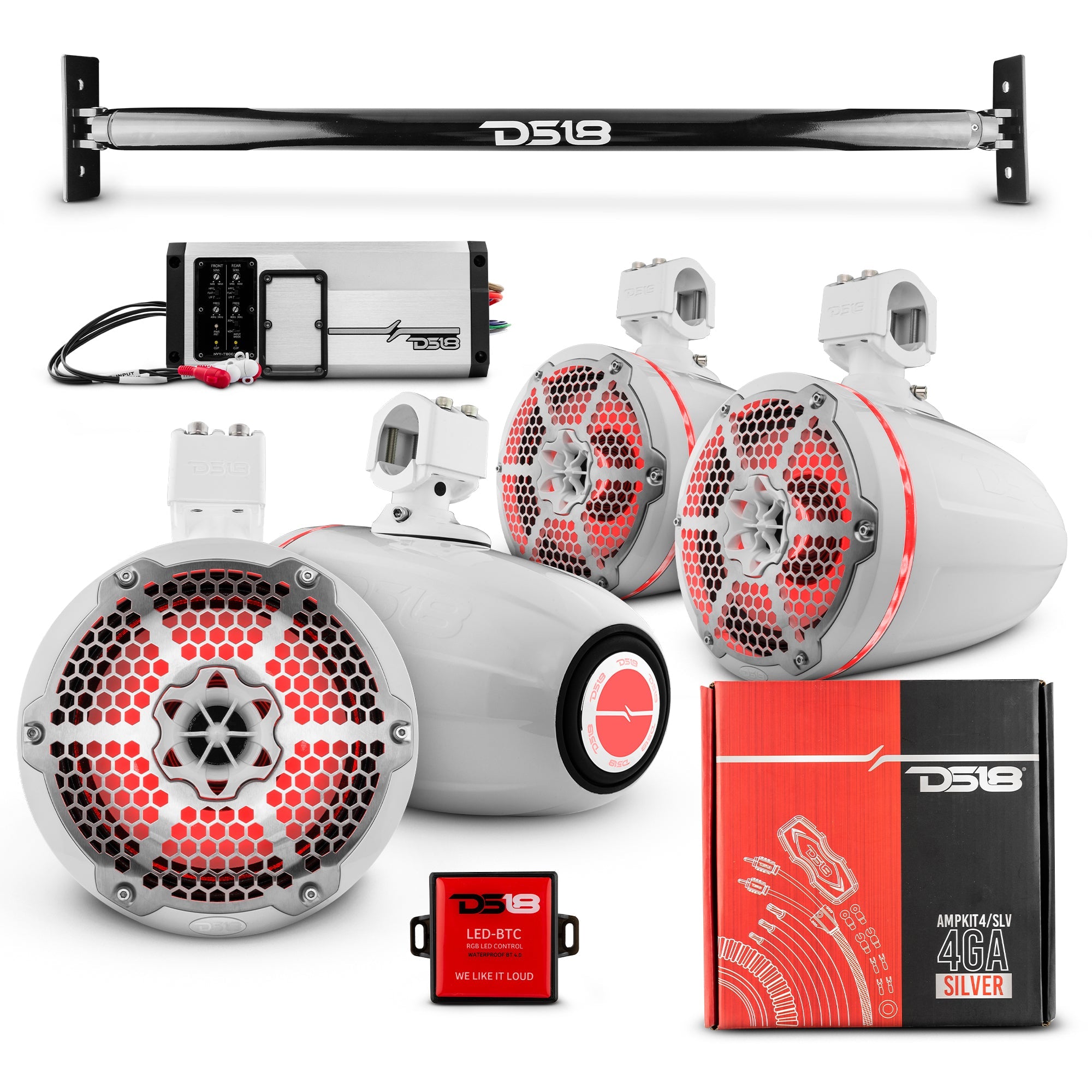 DS18 JL-TUBE 4x 8" Marine Towers Speakers with RGB LED Lights, 4-Channel Marine Amplifier and AMPKIT for Jeep JL