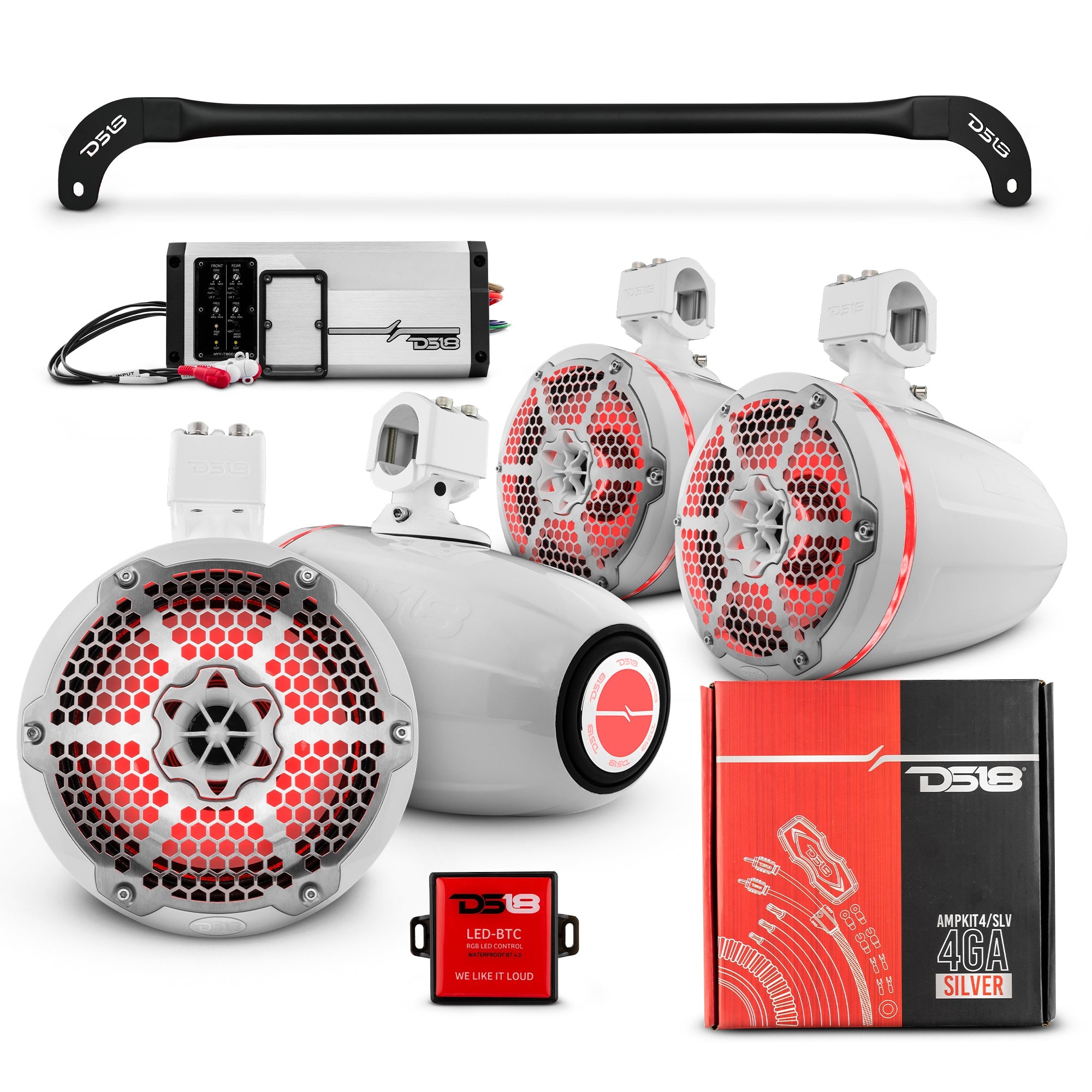 DS18 JL-TUBESOFT 4x 8" Marine Towers Speakers with RGB LED Lights, 4-Channel Marine Amplifier and AMPKIT for JLU Soft Top