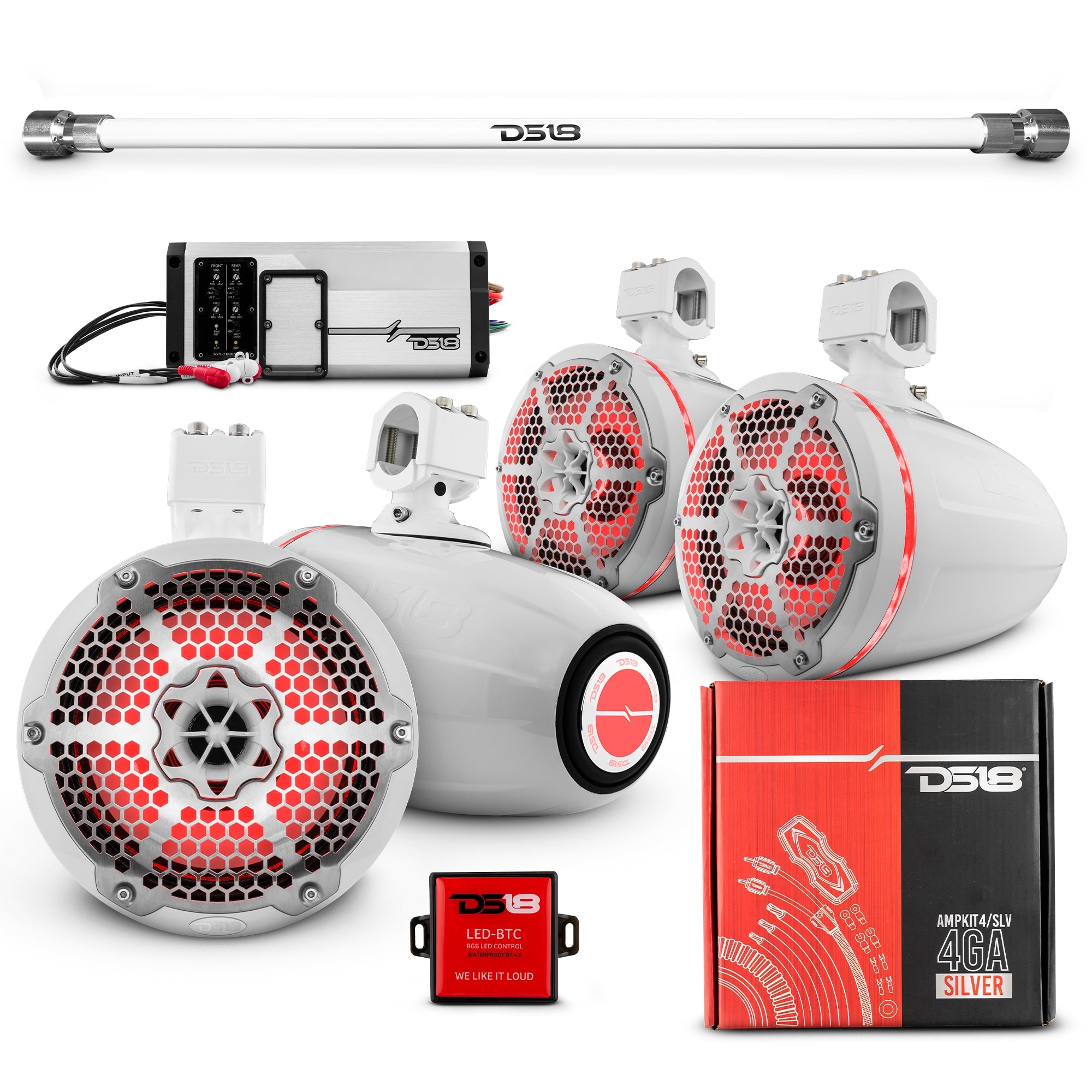 DS18 PU-TUBE 4x 8" Marine Towers Speakers with RGB LED Lights, 4-Channel Marine Amplifier and AMPKIT for Pick Up & Trucks