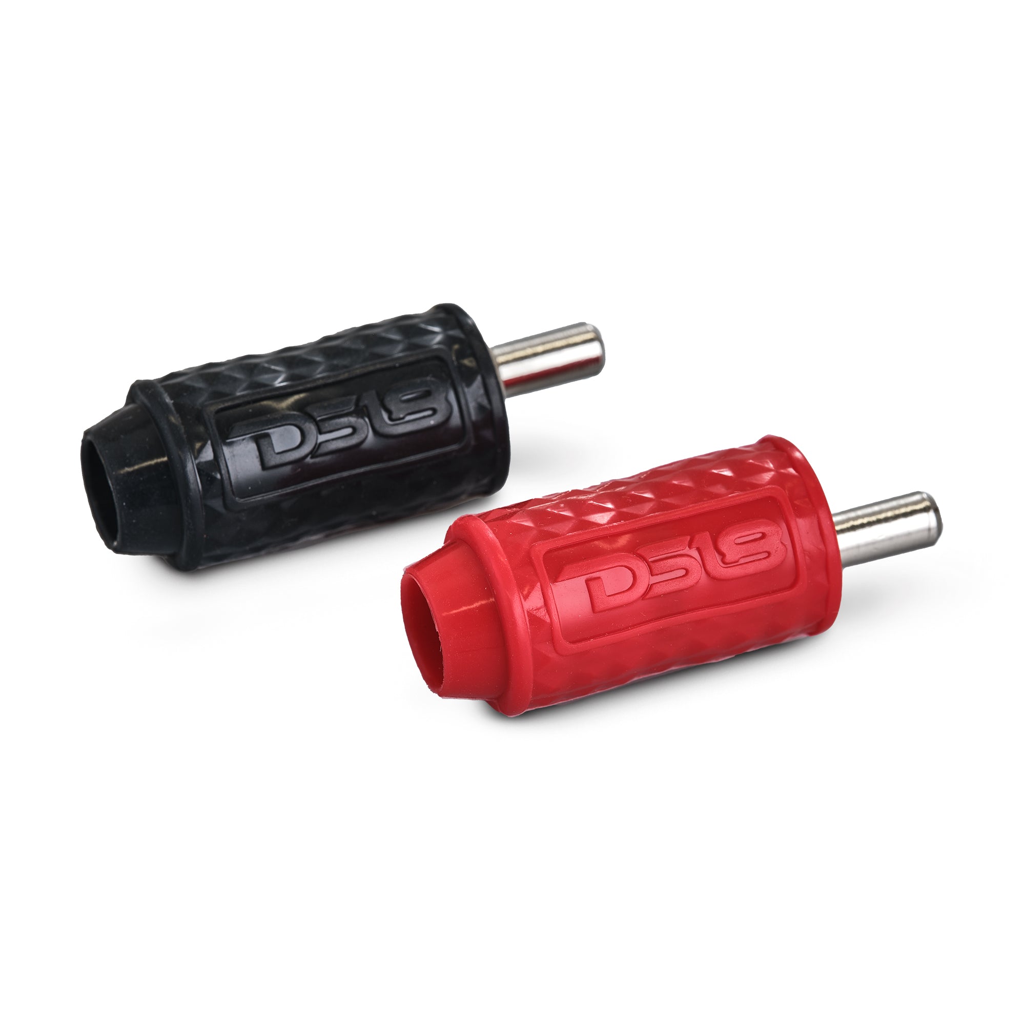 DS18 1/4-GA to 1/8-GA Amp Input Reducers with Offset Stub and Silicone Cover - BLACK/RED