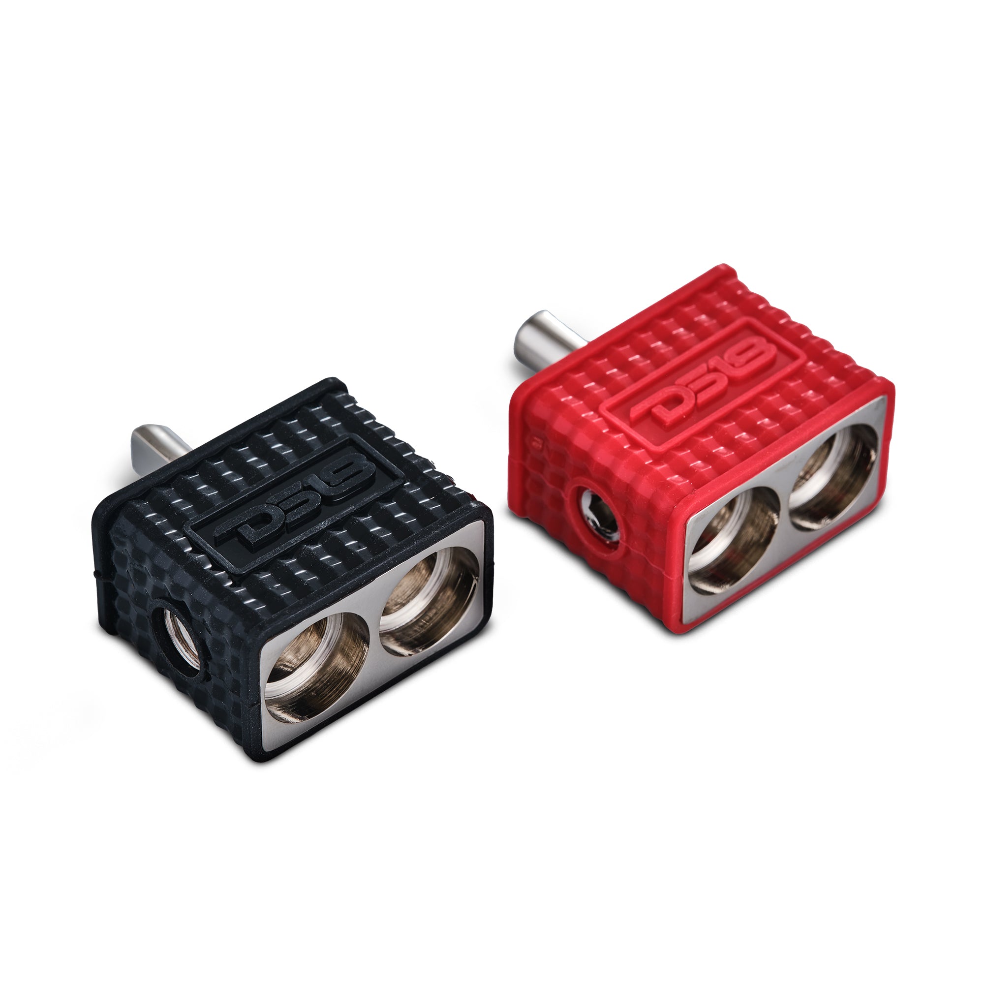 DS18 Dual 1/0-GA to 1/4-GA Amp Input Reducers with Offset Stub and Silicone Cover - BLACK/RED