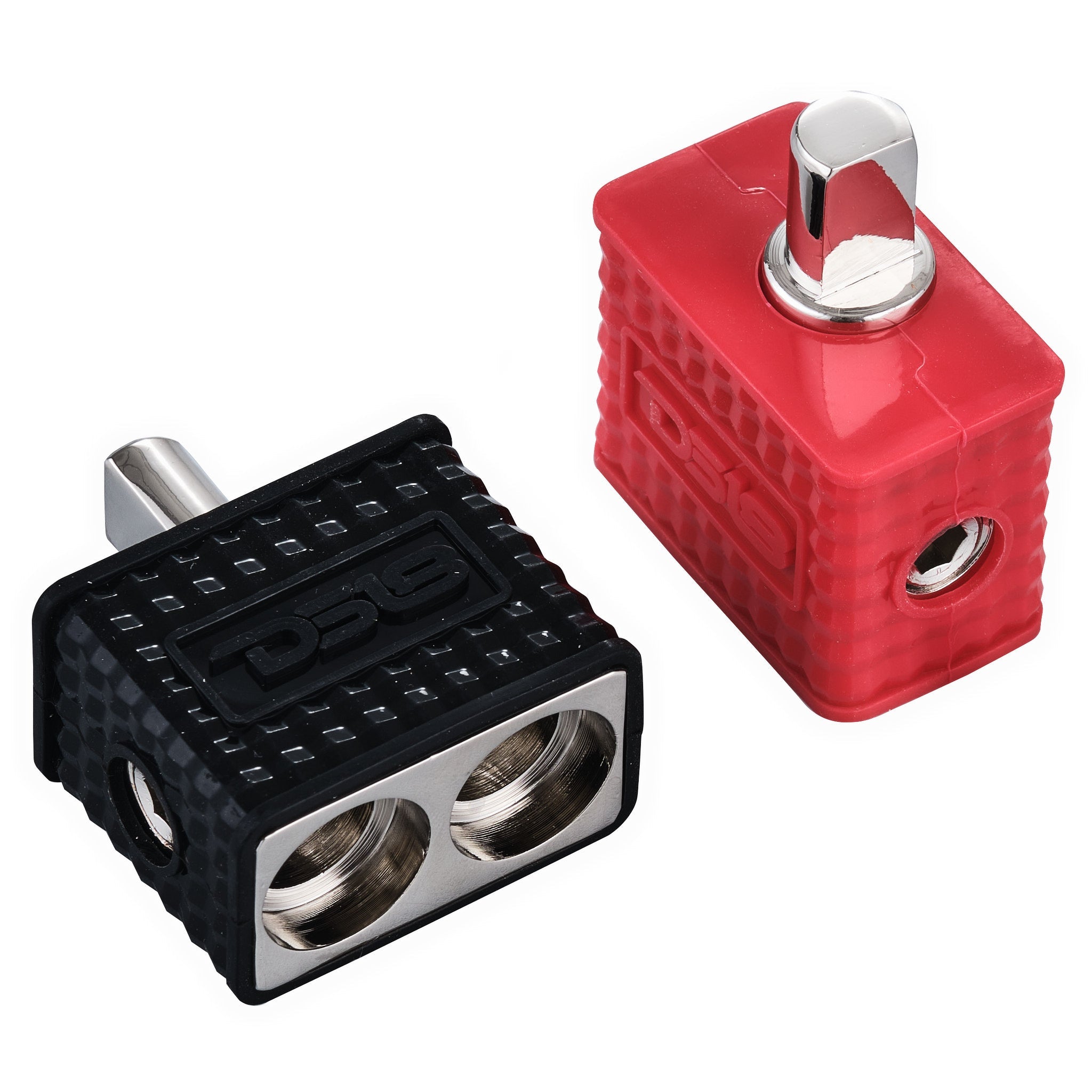 DS18 Dual 1/0-GA to 1/0-GA Amp Input Reducers with Offset Stub and Silicone Cover - BLACK/RED