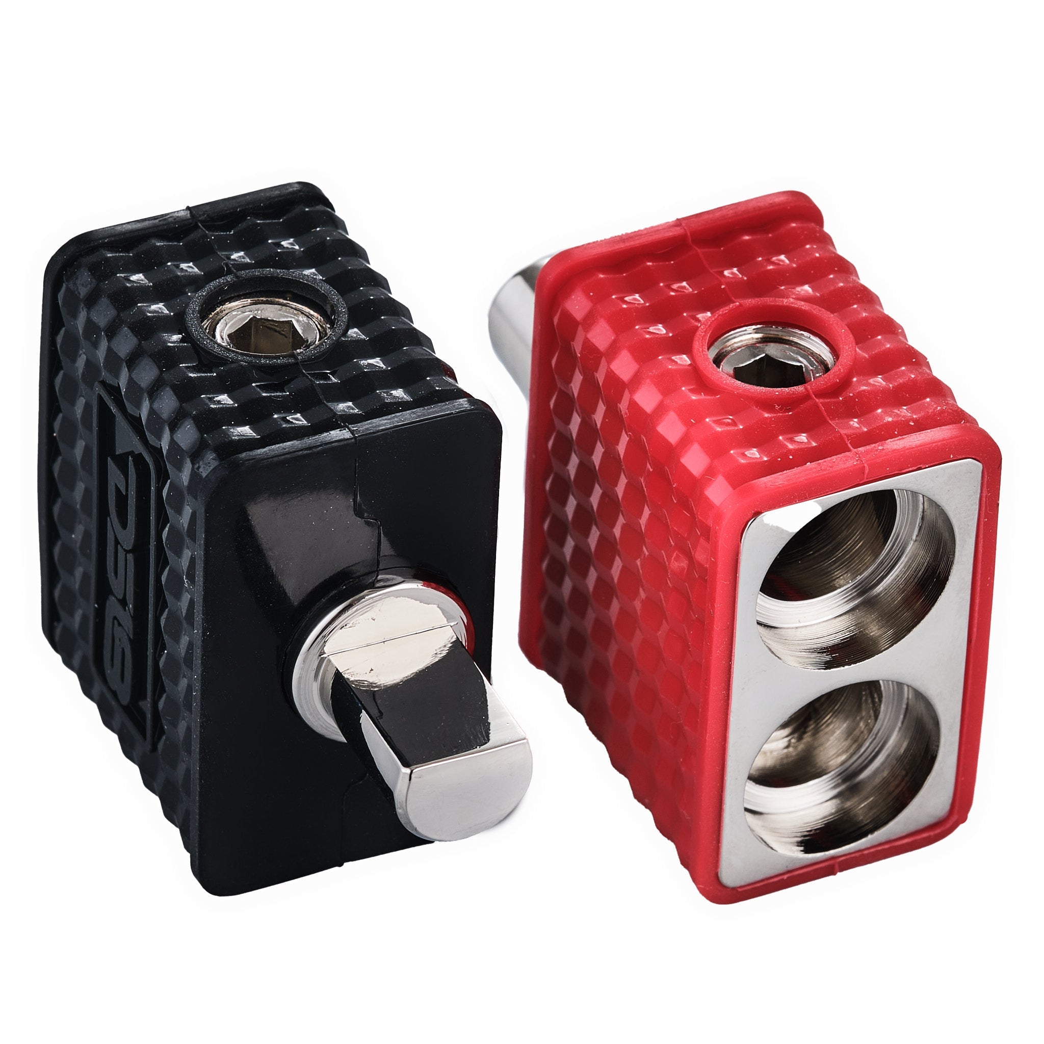 DS18 Dual 1/0-GA to 1/0-GA Amp Input Reducers with Offset Stub and Silicone Cover - BLACK/RED