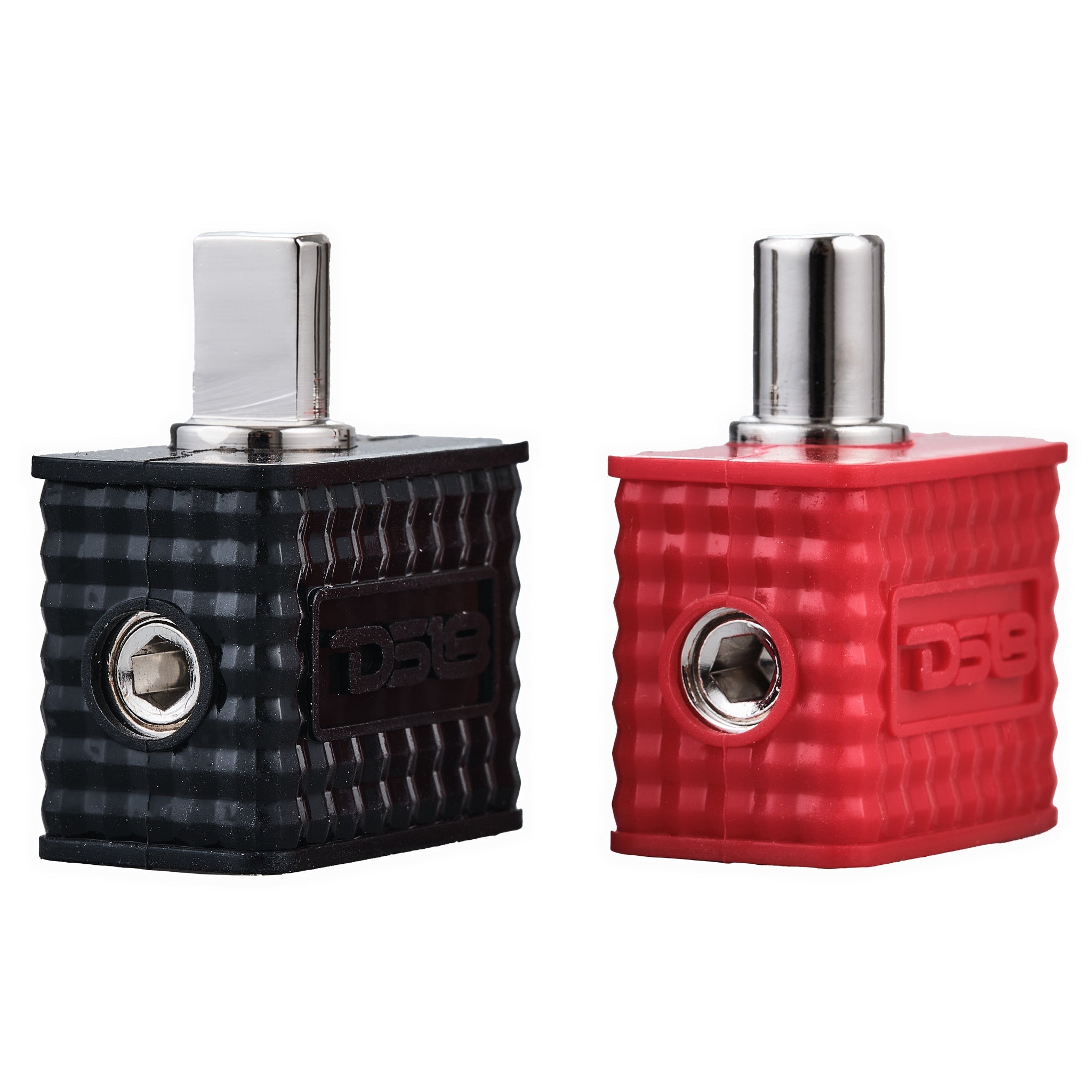 DS18 Dual 1/0-GA to 1/0-GA Amp Input Reducers with Offset Stub and Silicone Cover - BLACK/RED