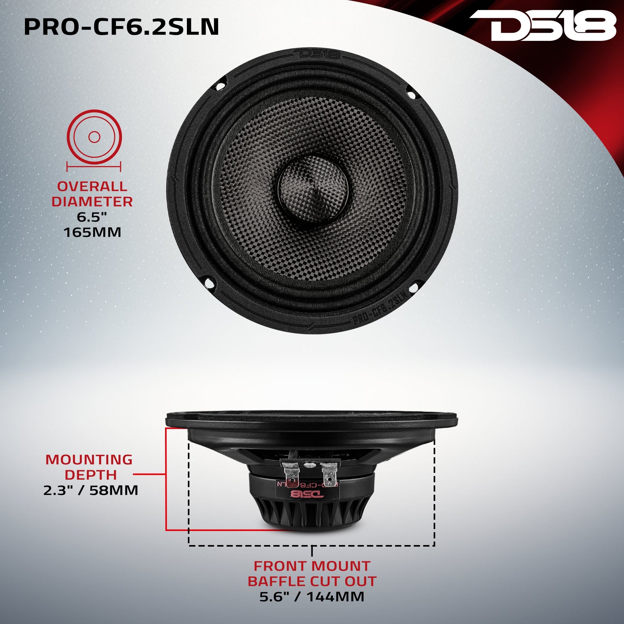 DS18 6.5” Slim Motorcycle & Motorsports Loudspeaker With Neodymium Magnet and Water Resistant Carbon Fiber Cone | 2-Ohm 150W RMS