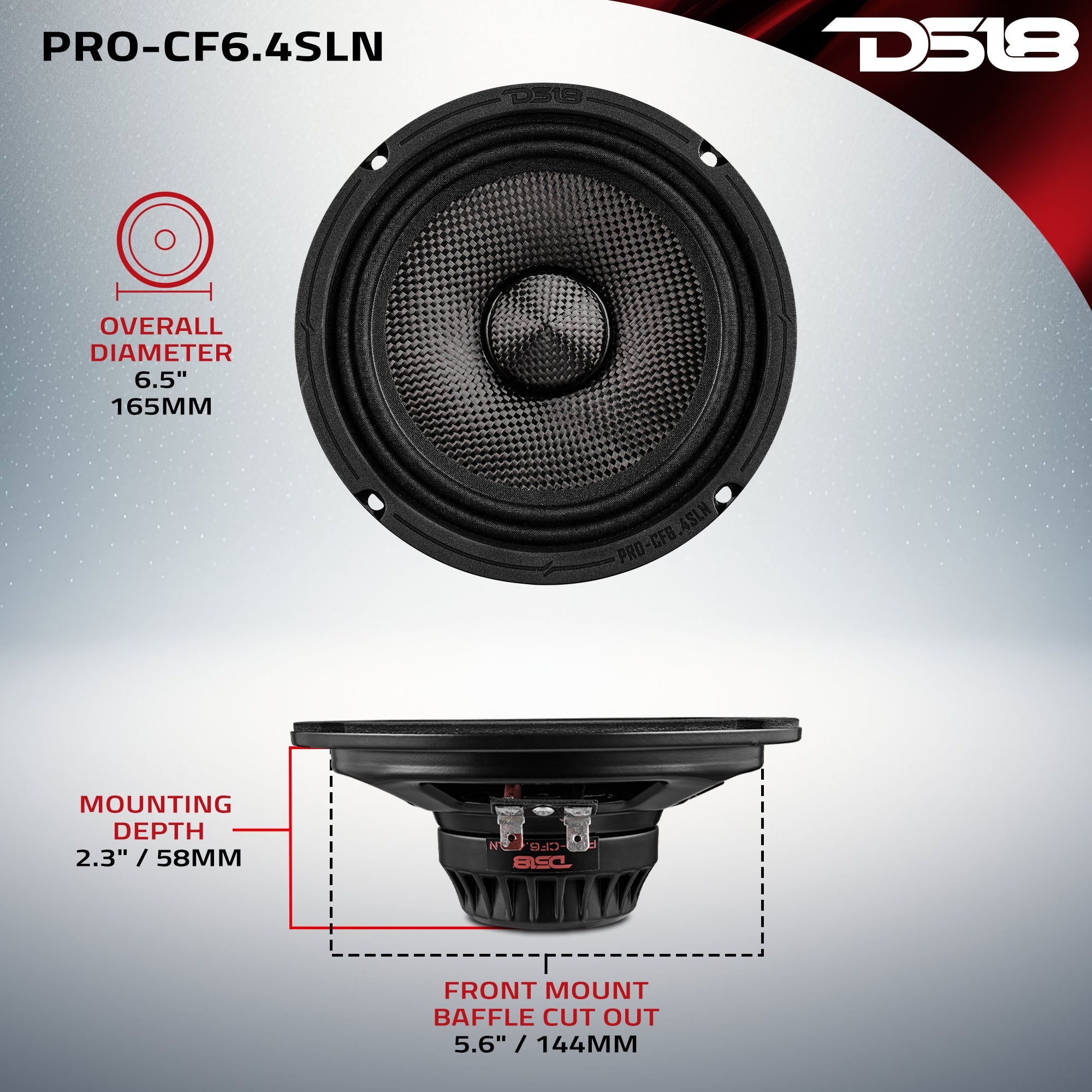 DS18 6.5” Slim Motorcycle & Motorsports Loudspeaker With Neodymium Magnet and Water Resistant Carbon Fiber Cone | 4-Ohm 150W RMS
