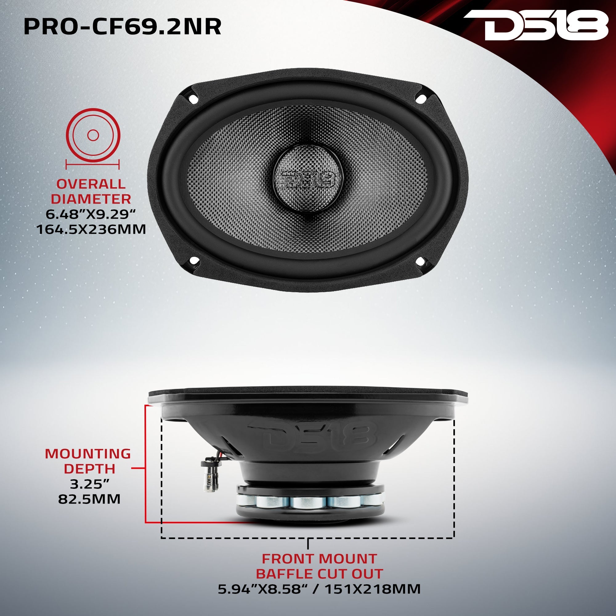 DS18 PRO 6x9" Neodymium Carbon Fiber Water resistant Cone Mid-Bass Loudspeaker 300 Watts Rms 2-Ohm