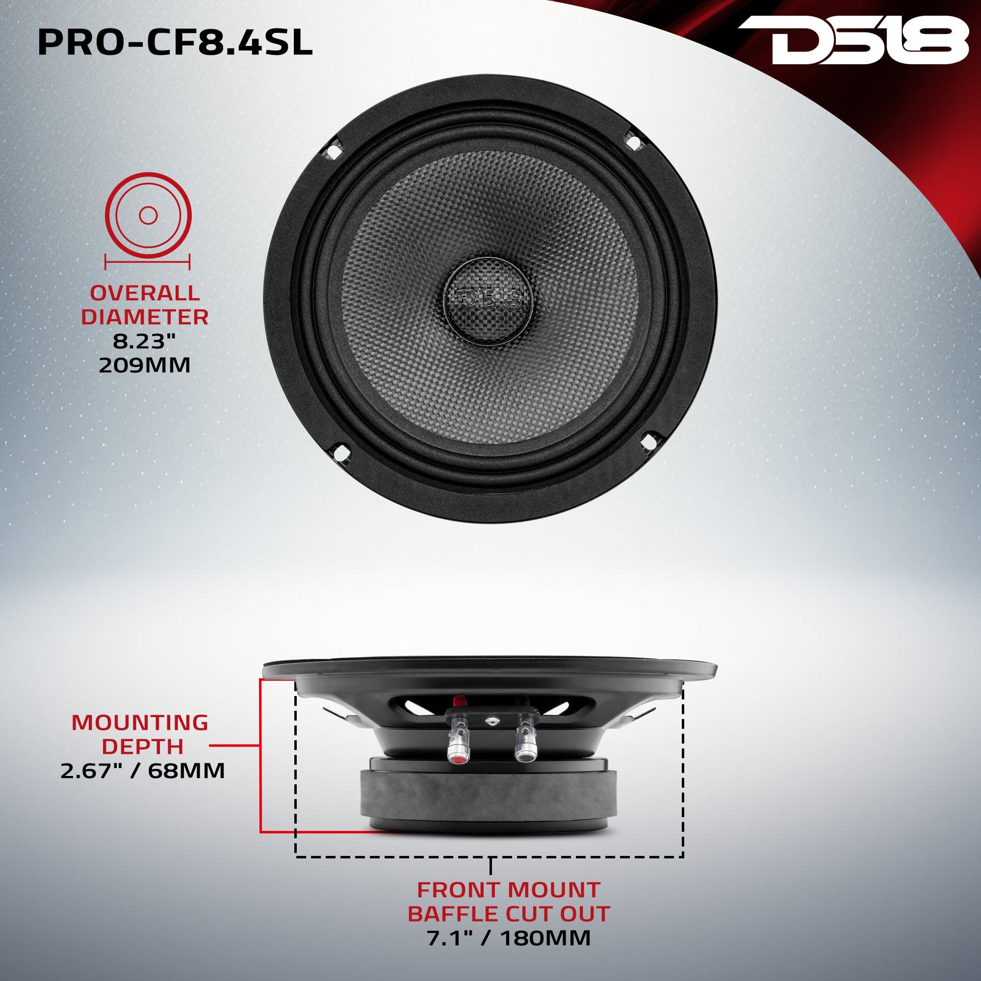 DS18 PRO 8" Shallow Carbon Fiber Water resistant Cone Mid-Bass Loudspeaker 275 Watts Rms 4-Ohm