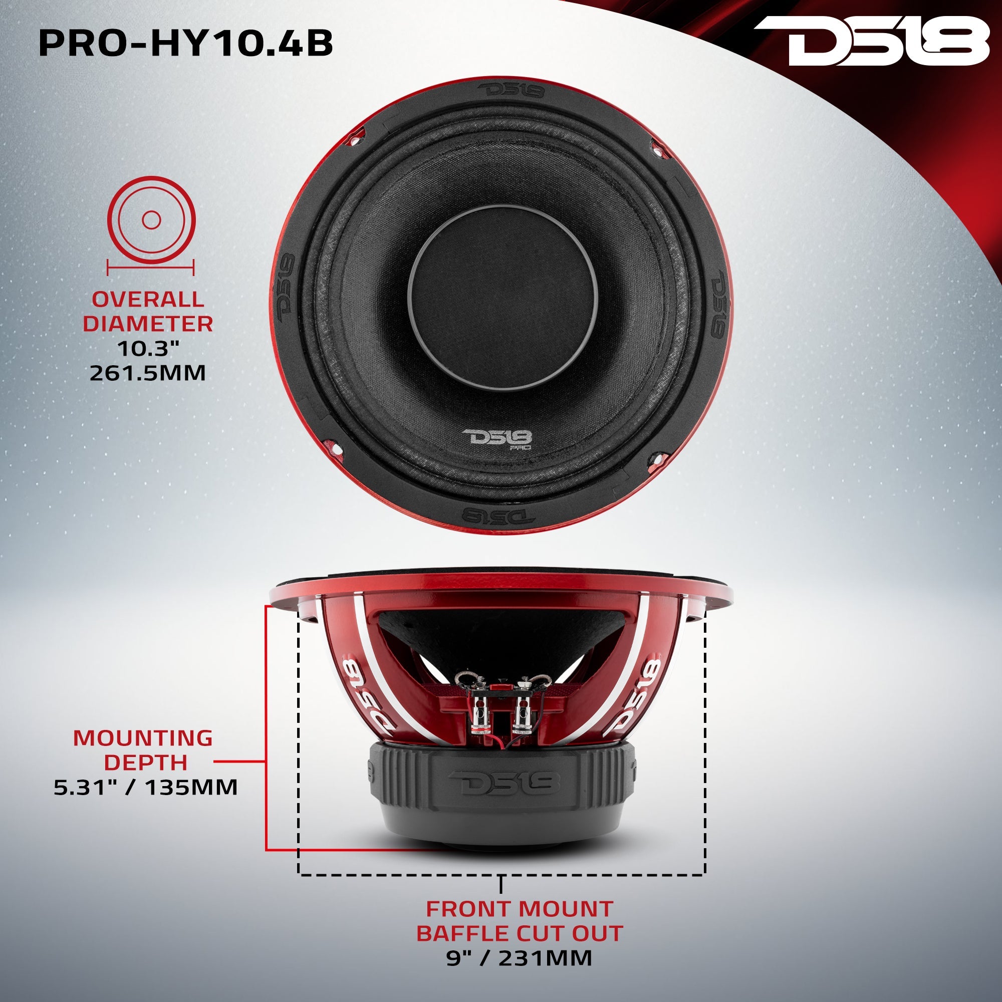 DS18 PRO 10" Water Resistant Hybrid Mid-Range Loudspeaker with Built-in Driver 350 Watts Rms 4-Ohm