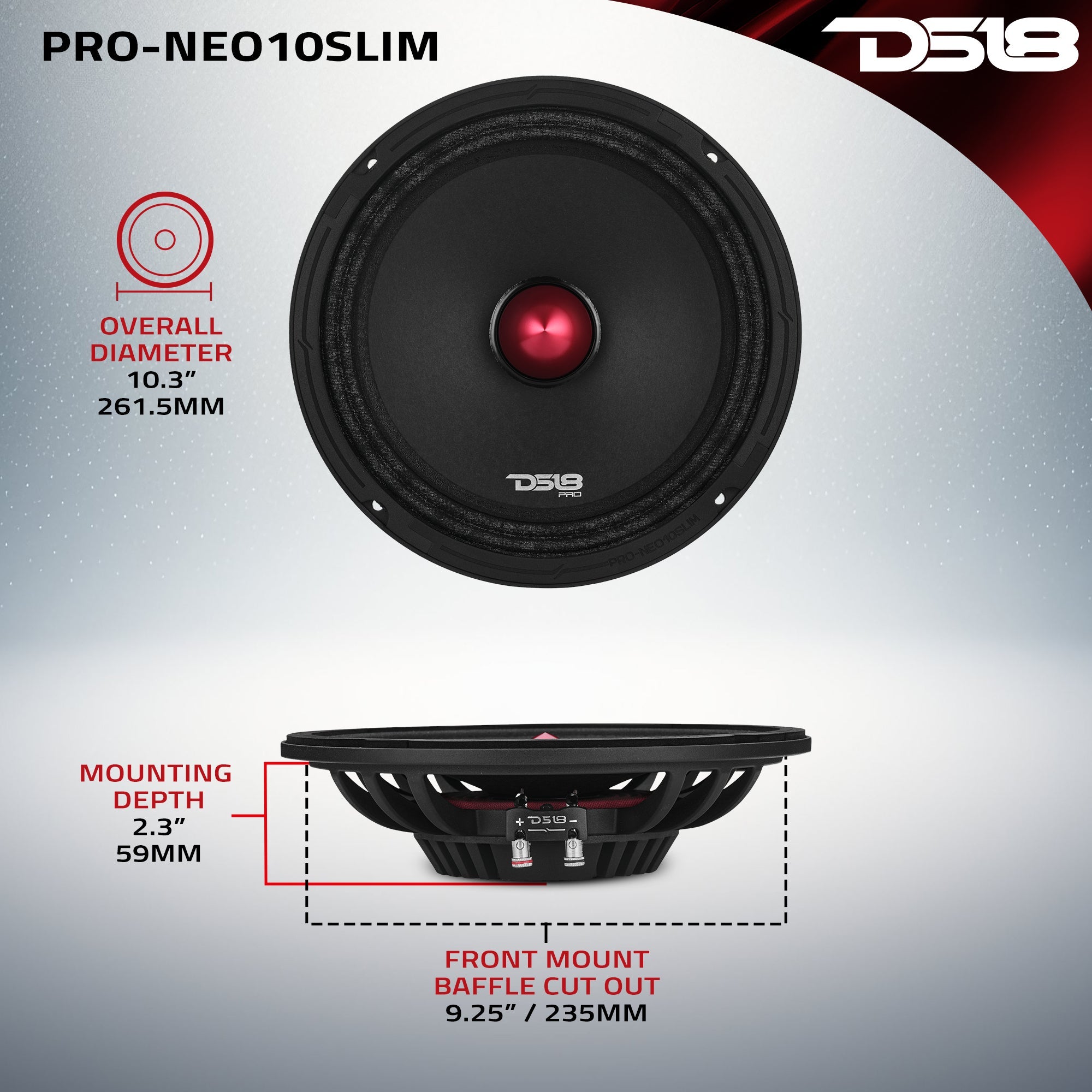 DS18 PRO 10" Slim Neodymium Mid-Range Loudspeaker with Bullet | 250W RMS 4-Ohm