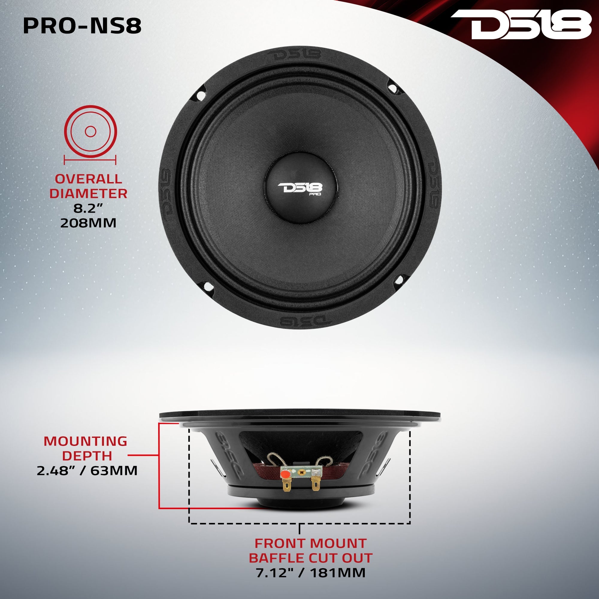 DS18 PRO 8" Shallow Neodymium Full-Range Loudspeaker 200 Watts Rms 8-Ohm