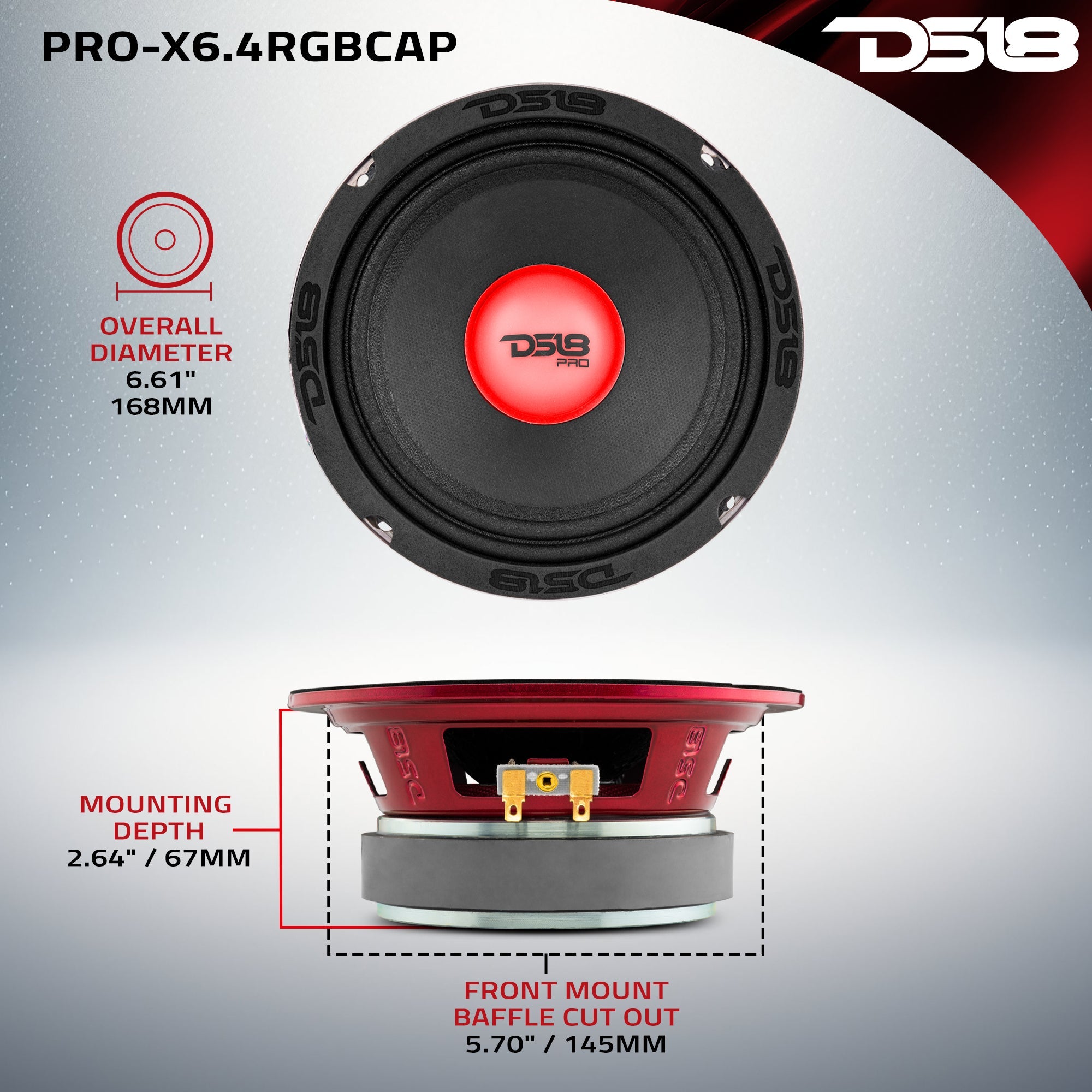 DS18 PRO-X 6.5" Mid-Range Loudspeaker with RGB Light Dust Cap 250 Watts Rms 4-Ohm