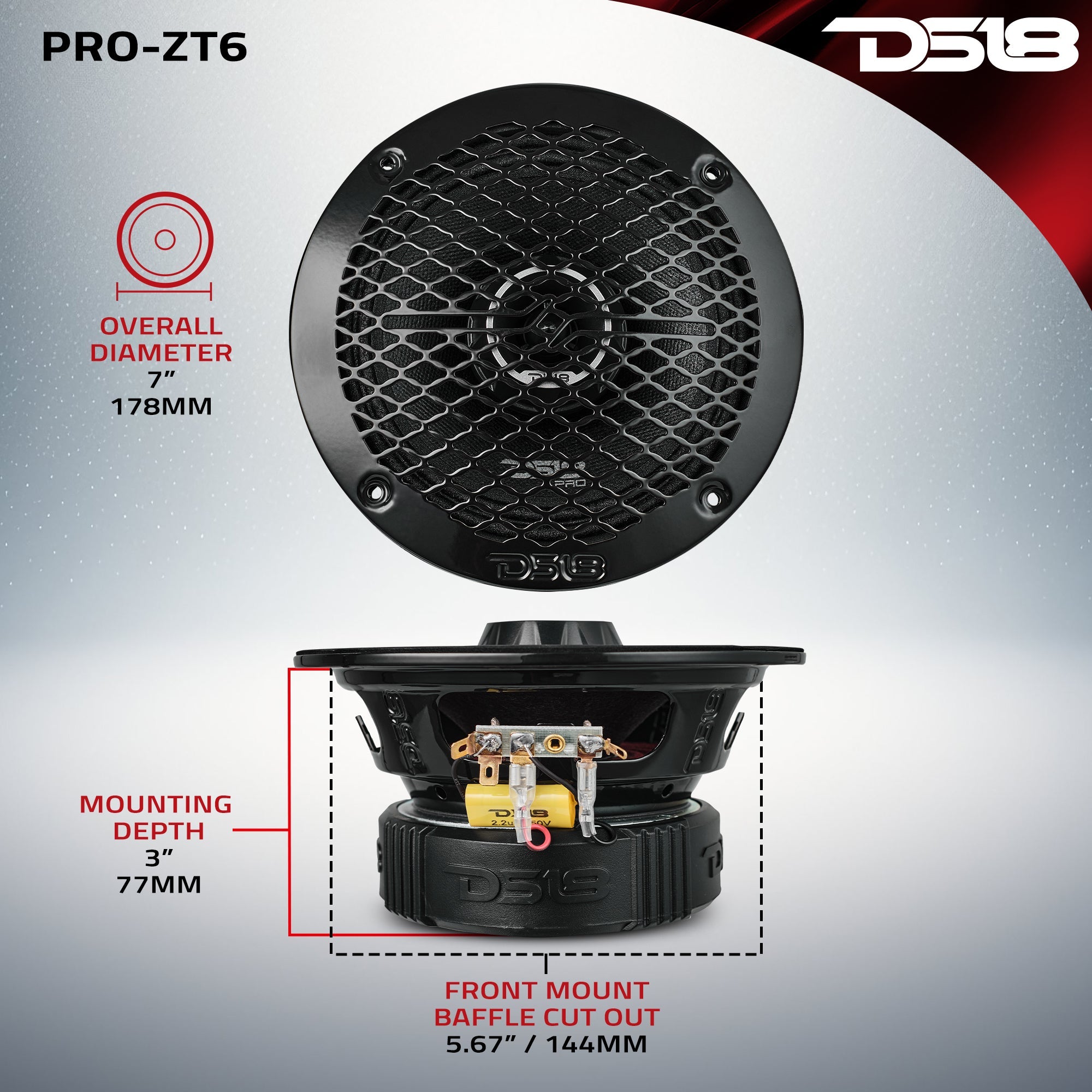 DS18 PRO-ZT 6.5" Coaxial Mid-Range Loudspeaker with Water-Resistant Cone Built-in Bullet Tweeter and Grill | 225W RMS 4-Ohm