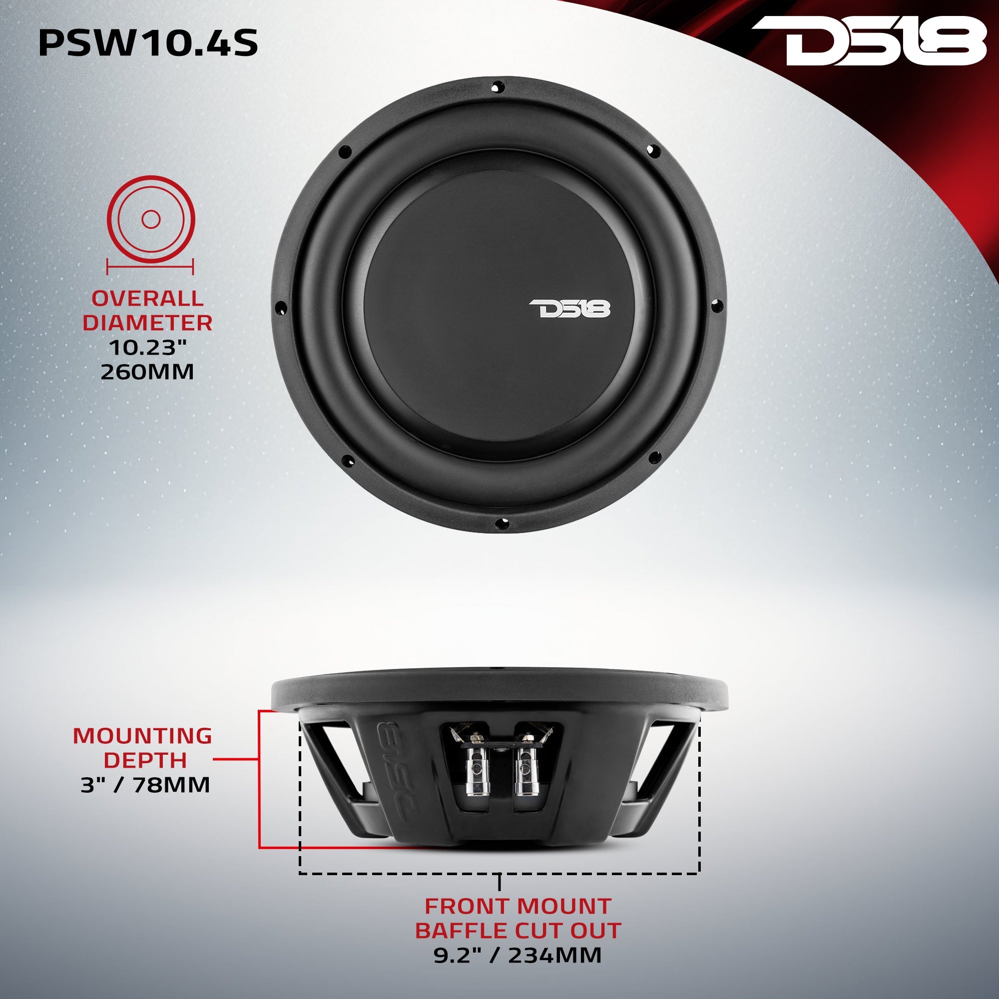 DS18 PS Shallow-Mount Water Resistant 10" Subwoofer | 500W RMS Single Voice Coil 4-Ohm