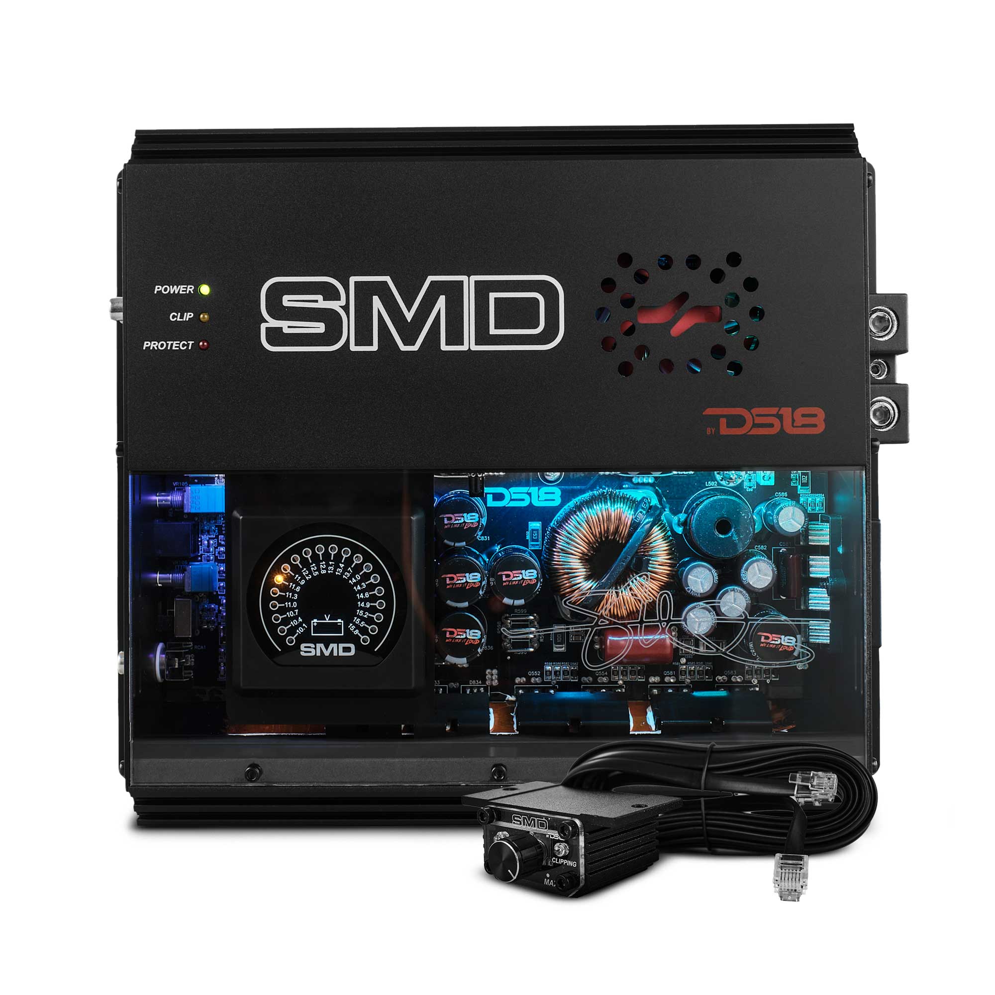 DS18 SMD Monoblock Amplifier with VM-1 Voltmeter and Digital LED Lights 2000W RMS at 1-ohm - Steve Meade Designs