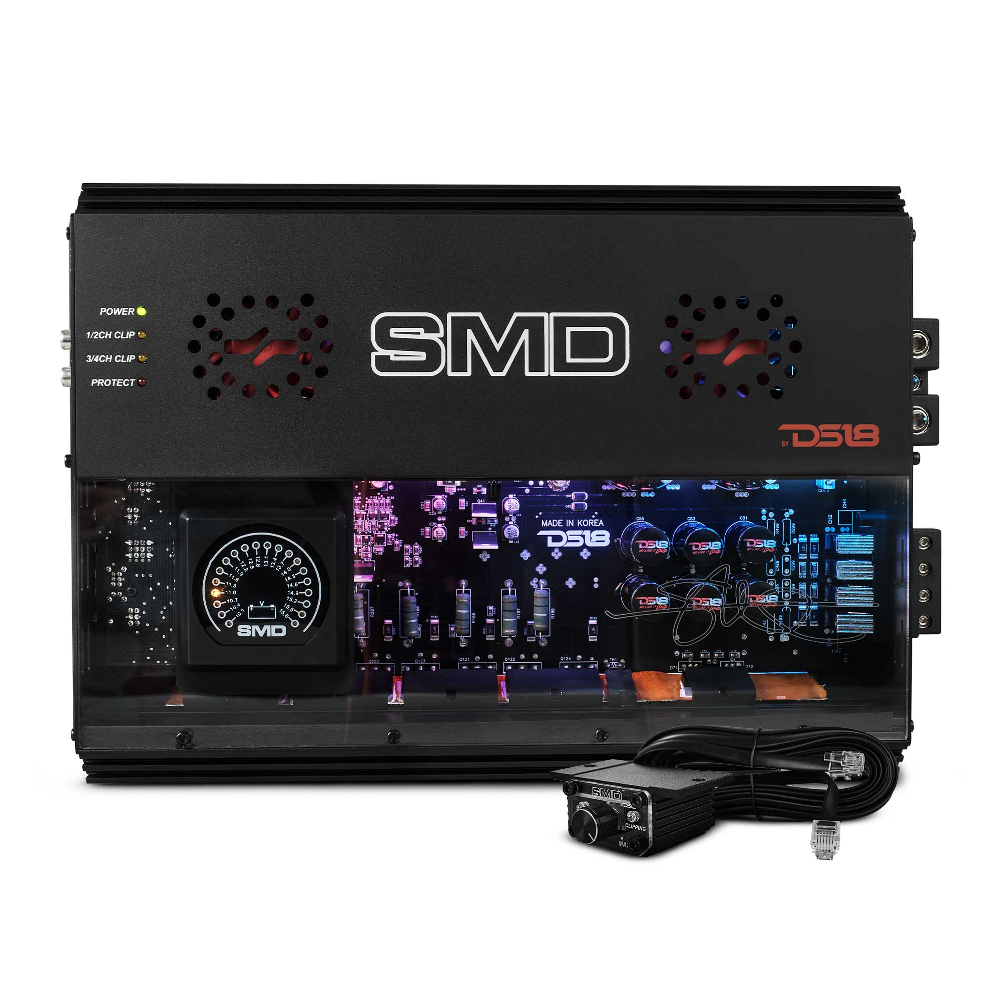 DS18 SMD 4-Channel Class AB Amplifier with VM-1 Voltmeter and Digital LED Lights 4 x 300W at 2-Ohm - Steve Meade Designs