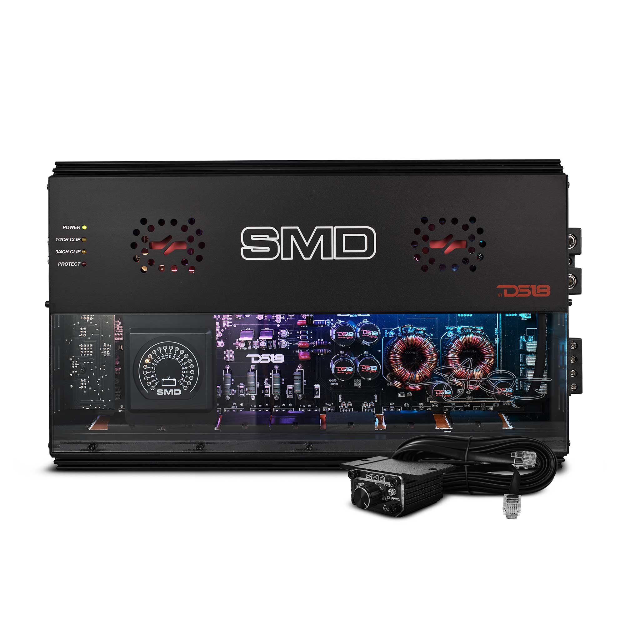 DS18 SMD 4-Channel Class AB Amplifier with VM-1 Voltmeter and Digital LED Lights 4 x 500W at 2-Ohm - Steve Meade Designs