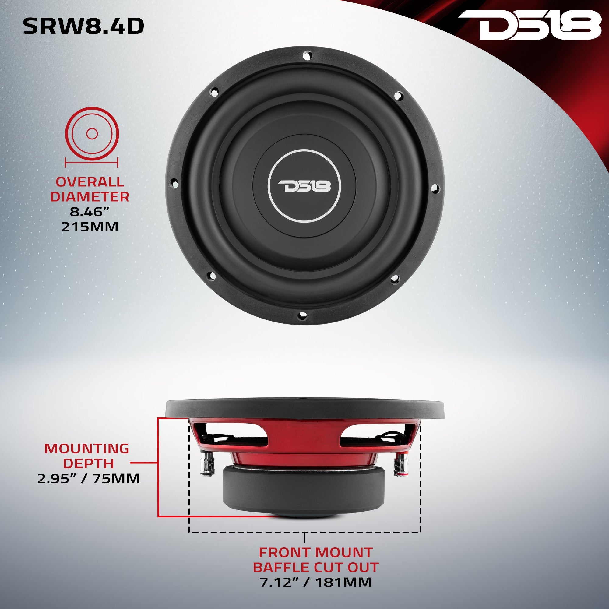 DS18 SRW Shallow-Mount 8" Subwoofer 150 Watts Rms DVC 4-Ohm