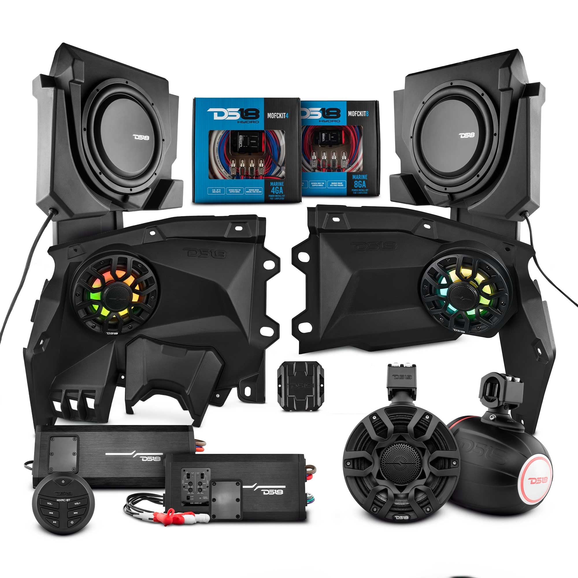 DS18 Can-Am Maverick X3 Stage 4 Dash Panel Speaker Enclosures + Driver and Passenger Side Under Seat Subwoofer Enclosure and Pair of Tower Speakers - 3800W MAX