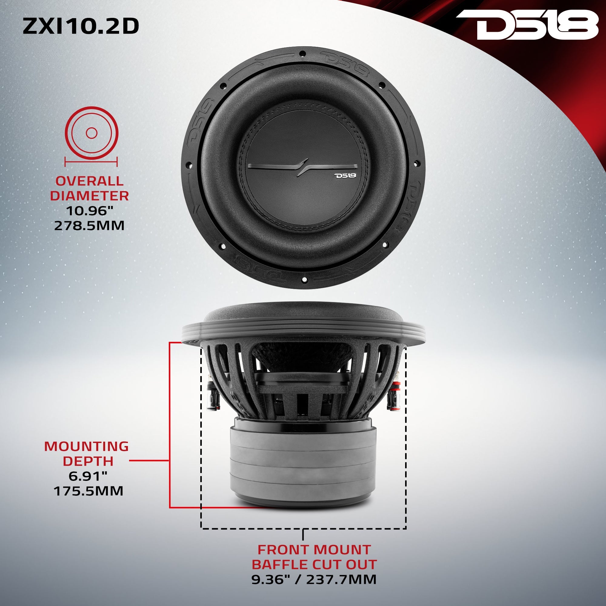 DS18 ZXI 10" High Excursion Subwoofer Quad Stacked Magnets | 800W RMS DVC 2-Ohm