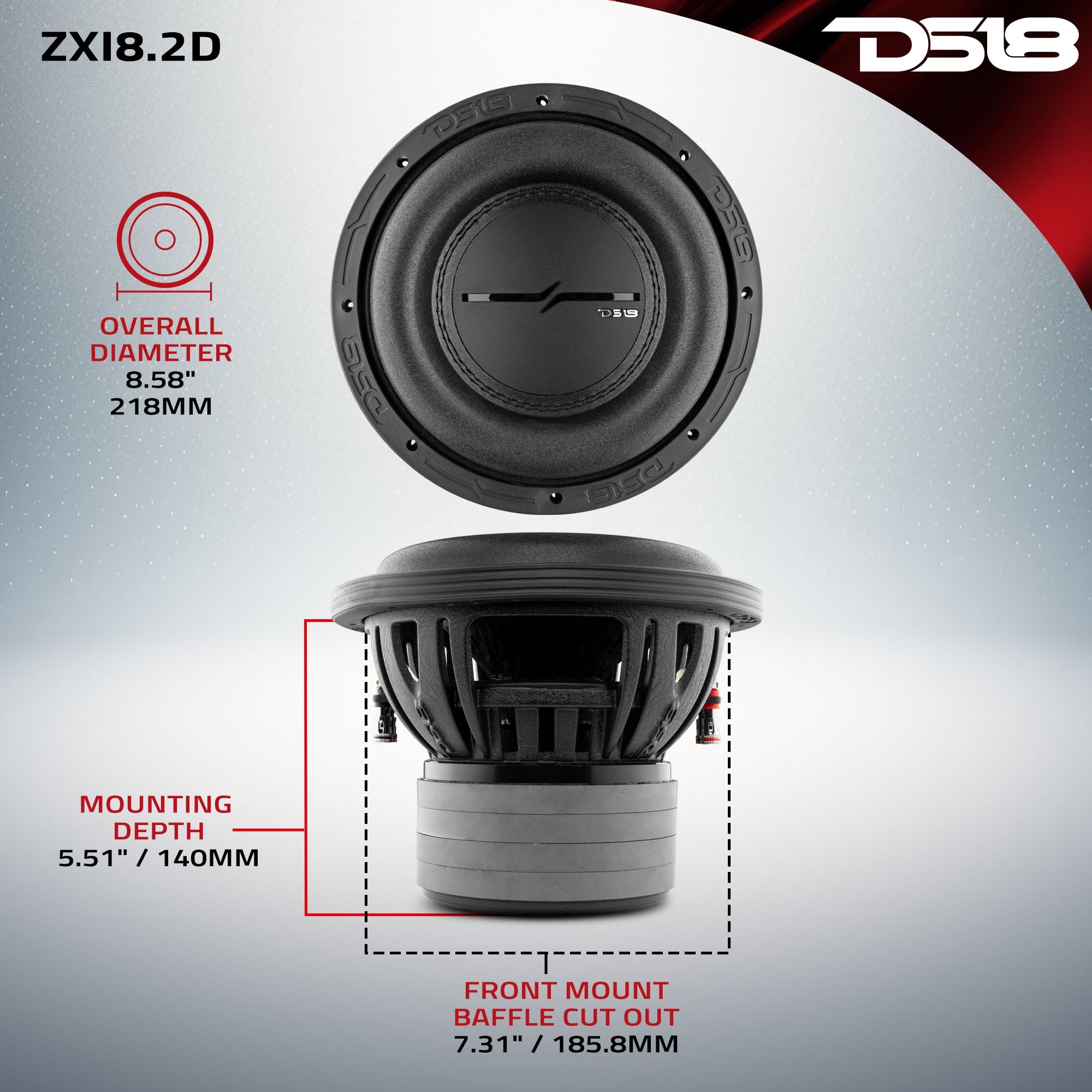 DS18 ZXI 8" High Excursion Subwoofer Quad Stacked Magnets | 600W RMS DVC 2-Ohm