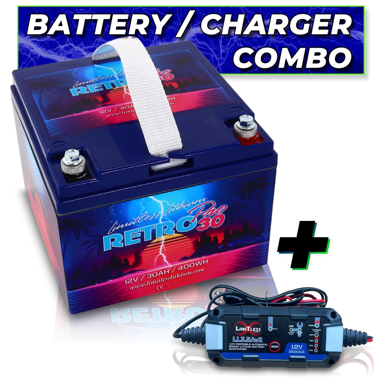 Limitless Lithium Retro Pro 30 12V LiFePO4 Car Audio Battery 30Ah Group 30L + 3.5A Maintainer