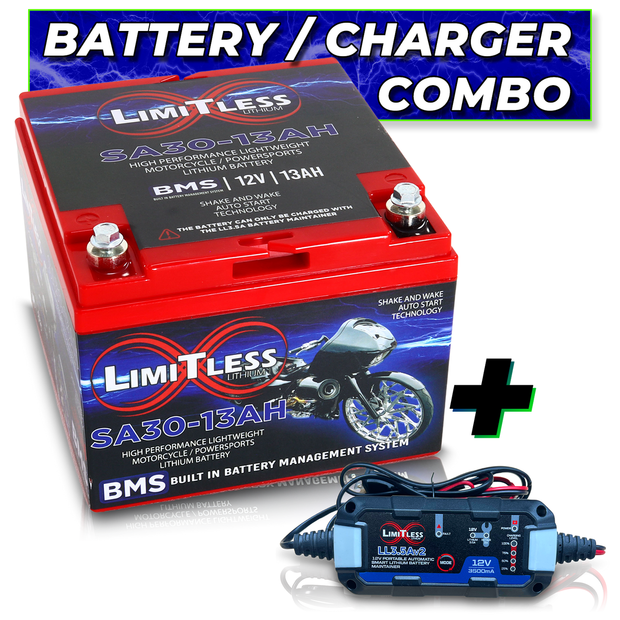 Limitless Lithium Shake Awake 13Ah 12V LiFePO4 Smart Motorcycle Battery (Case 30) + 3.5A Maintainer