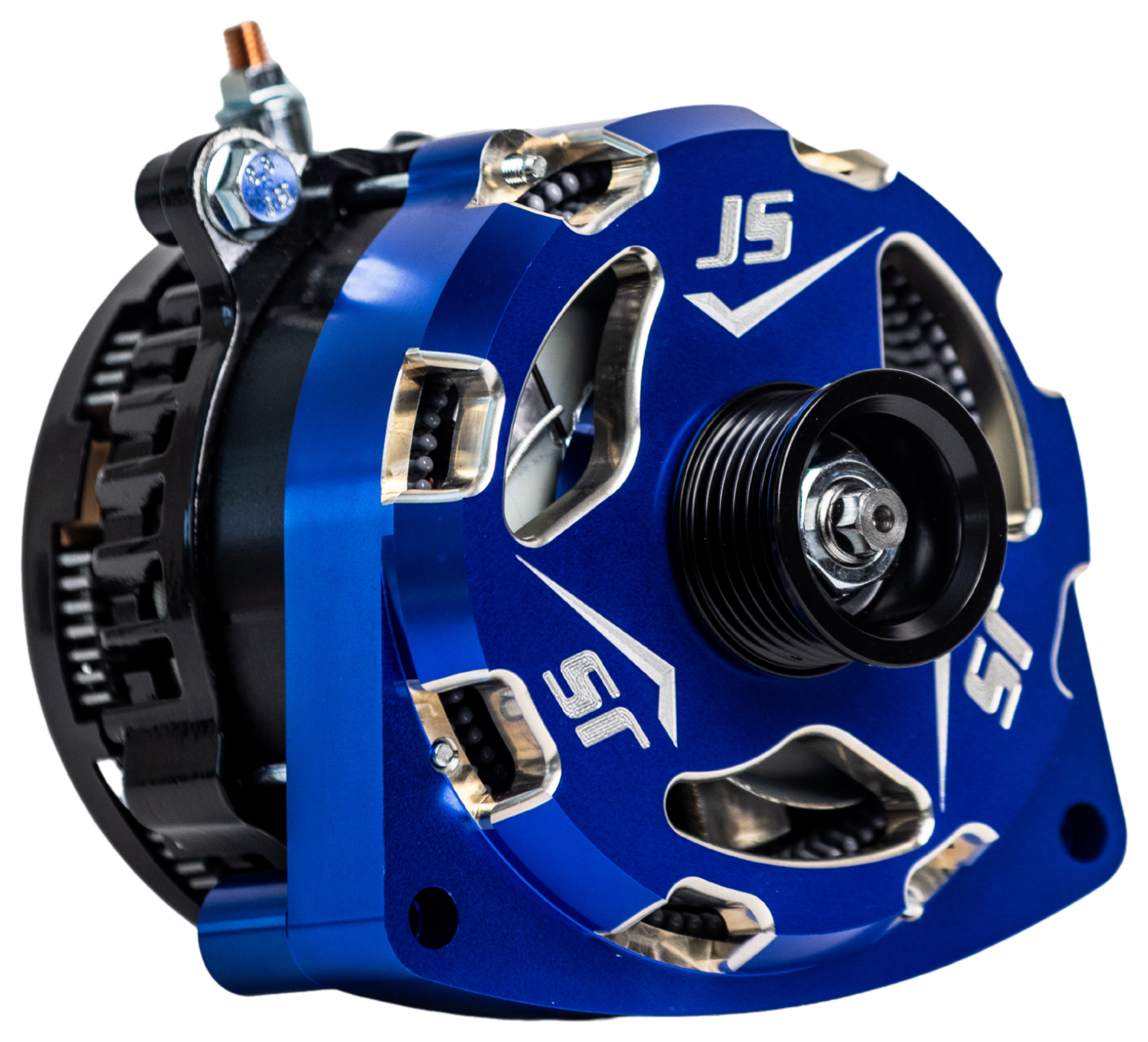 JS Alternators GM billet high output alternator blue