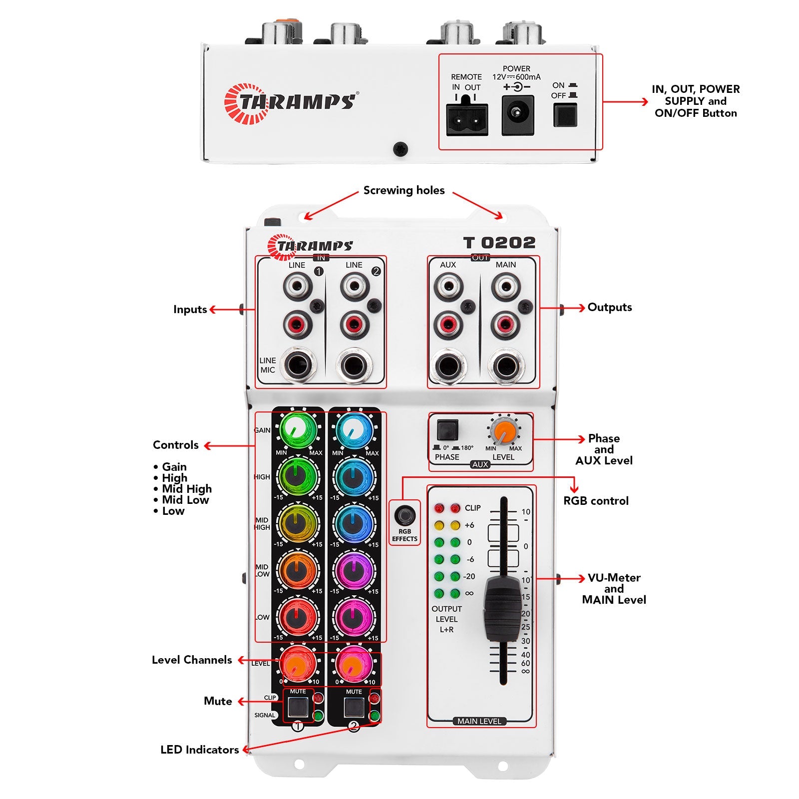 Taramps T 0202 MULTICOLOR Audio Mixer - 9