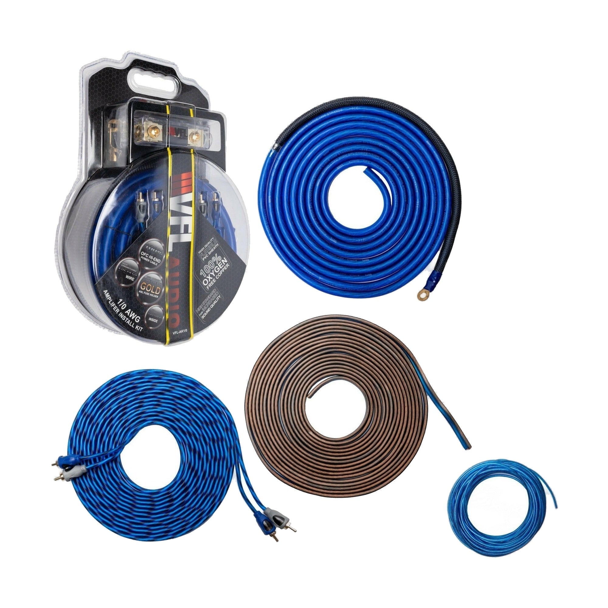VFL 0 Gauge Complete OFC (Oxygen Free Copper) Amplifier Wiring Kit - High Power Car Audio Amp Install Kit with Power, Ground & RCA Cables