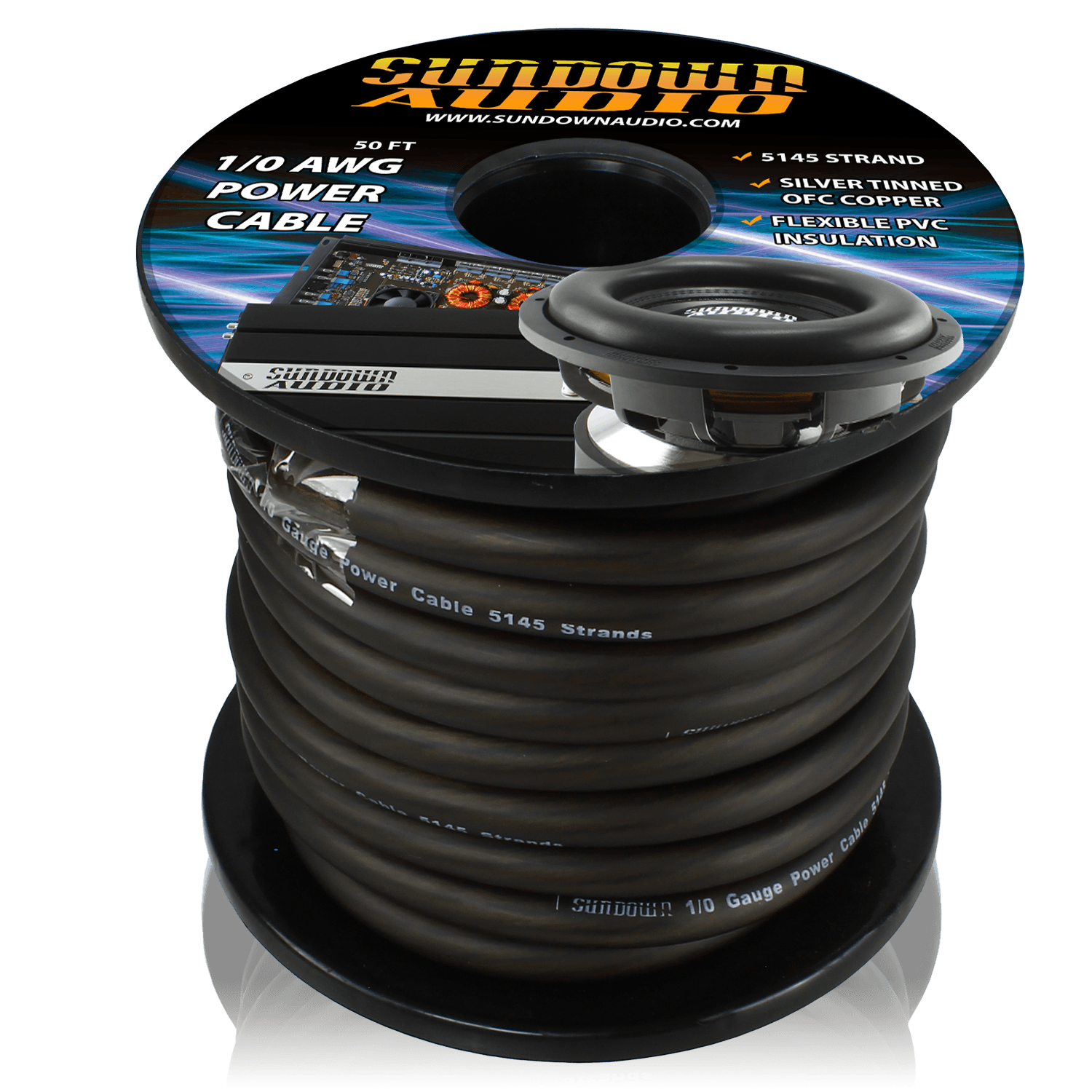 Sundown Audio 1/0 Black 50' Tinned OFC Oxygen Free Copper Power Cable