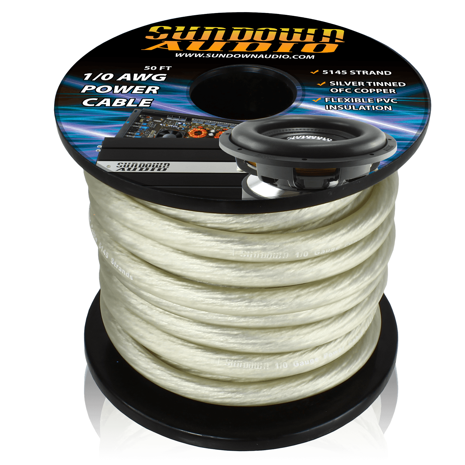 Sundown Audio 1/0 Silver 50' Tinned OFC Oxygen Free Copper Power Cable