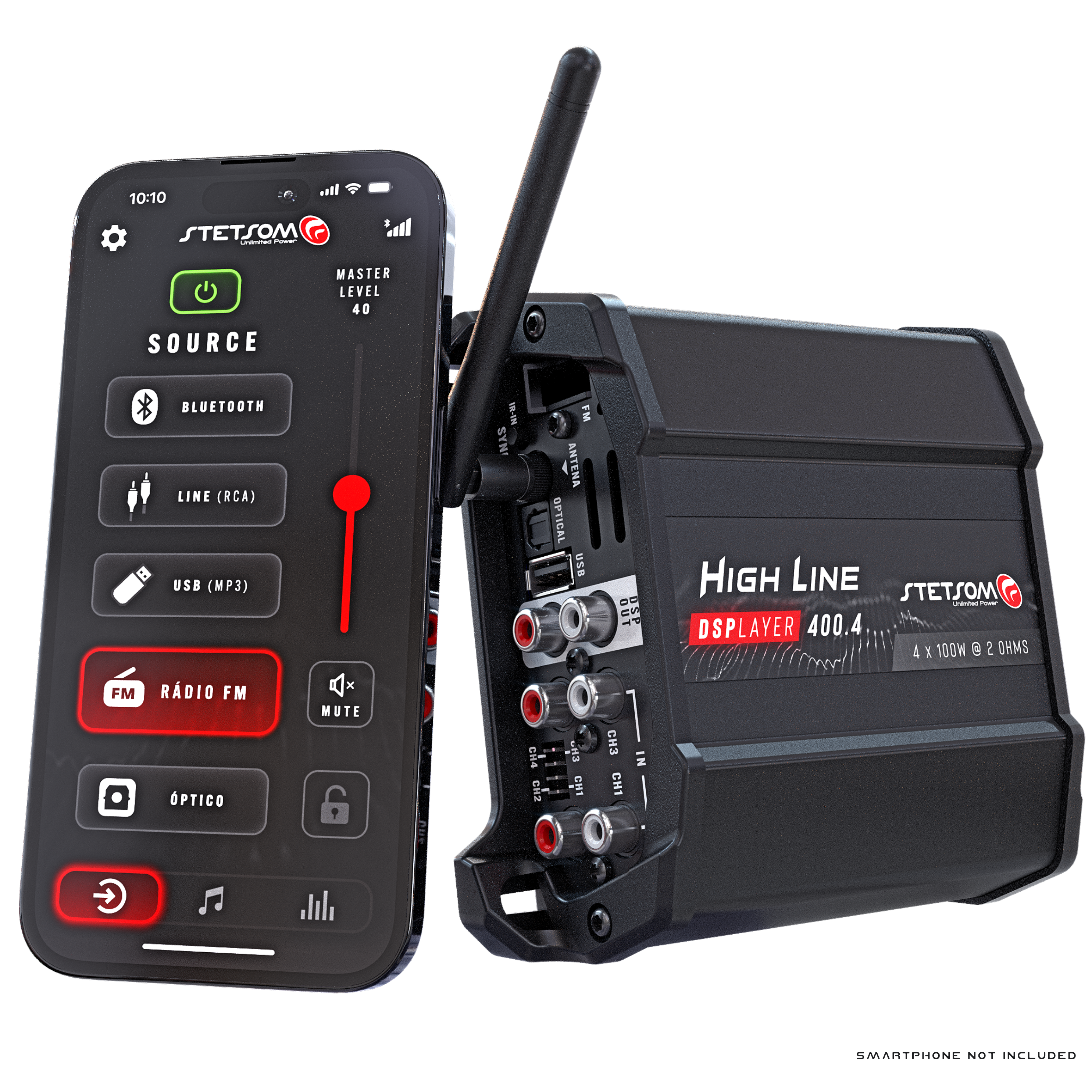 Stetsom High Line DSPLAYER 400.4, Car Audio Amplifier with DSP, Bluetooth, FM Radio, Multiple Audio Inputs, Mobile App C