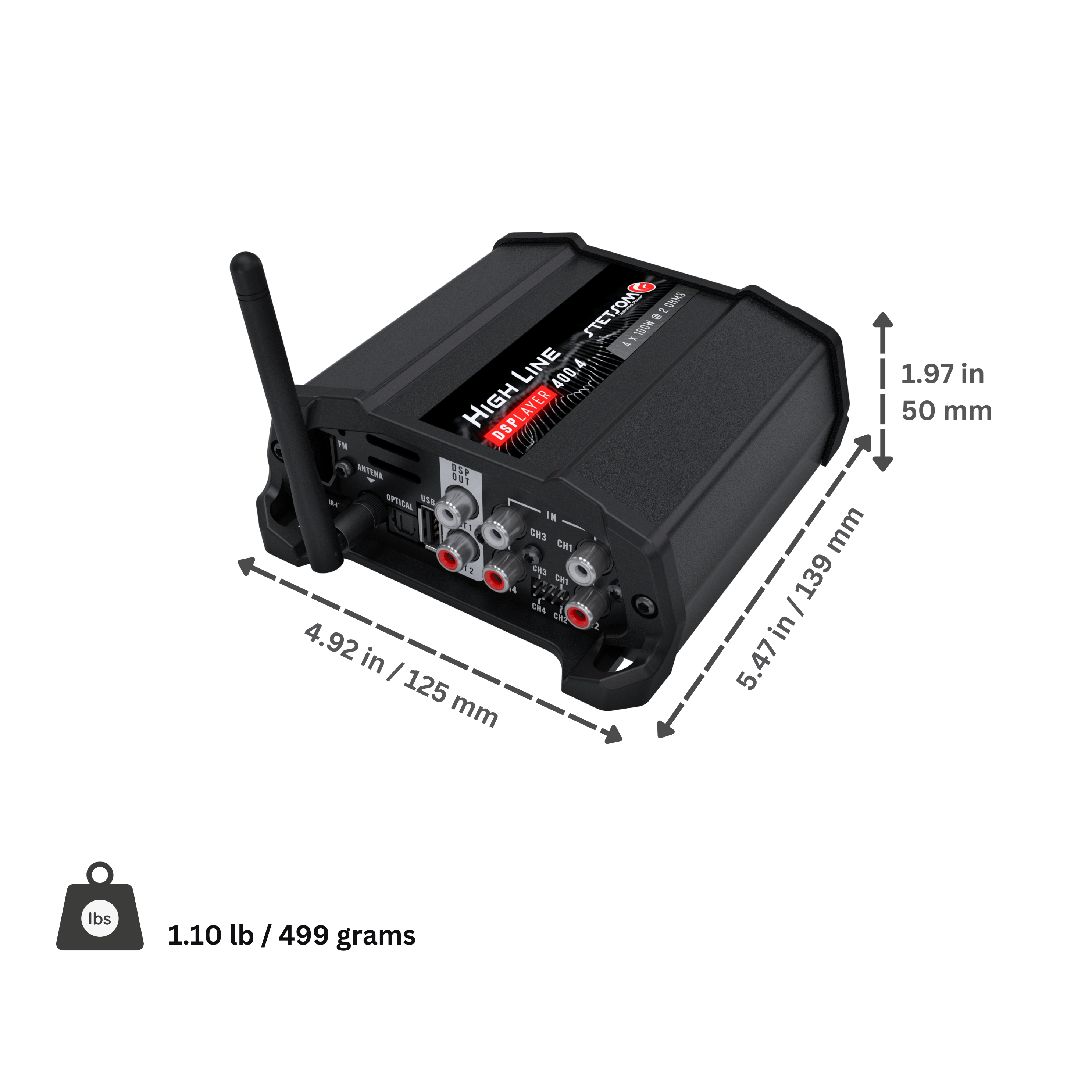 Stetsom High Line DSPLAYER 400.4, Car Audio Amplifier with DSP, Bluetooth, FM Radio, Multiple Audio Inputs, Mobile App C