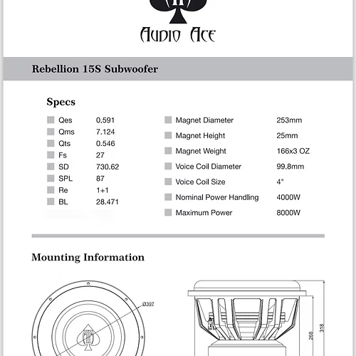 Technical specifications and mounting information for Audio Ace Rebellion 15S subwoofer.
