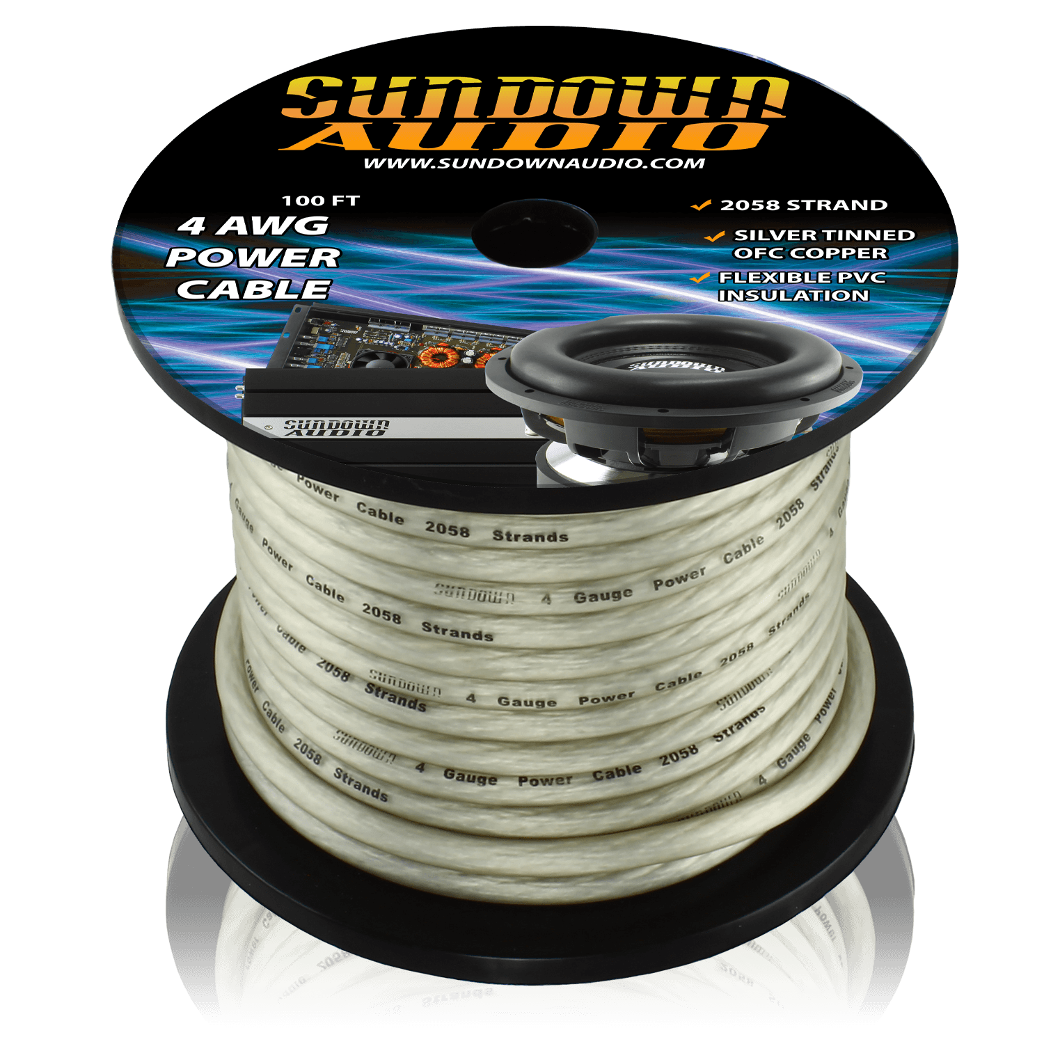 Sundown Audio 4 Gauge Silver 100' Tinned OFC Oxygen Free Copper Power Cable