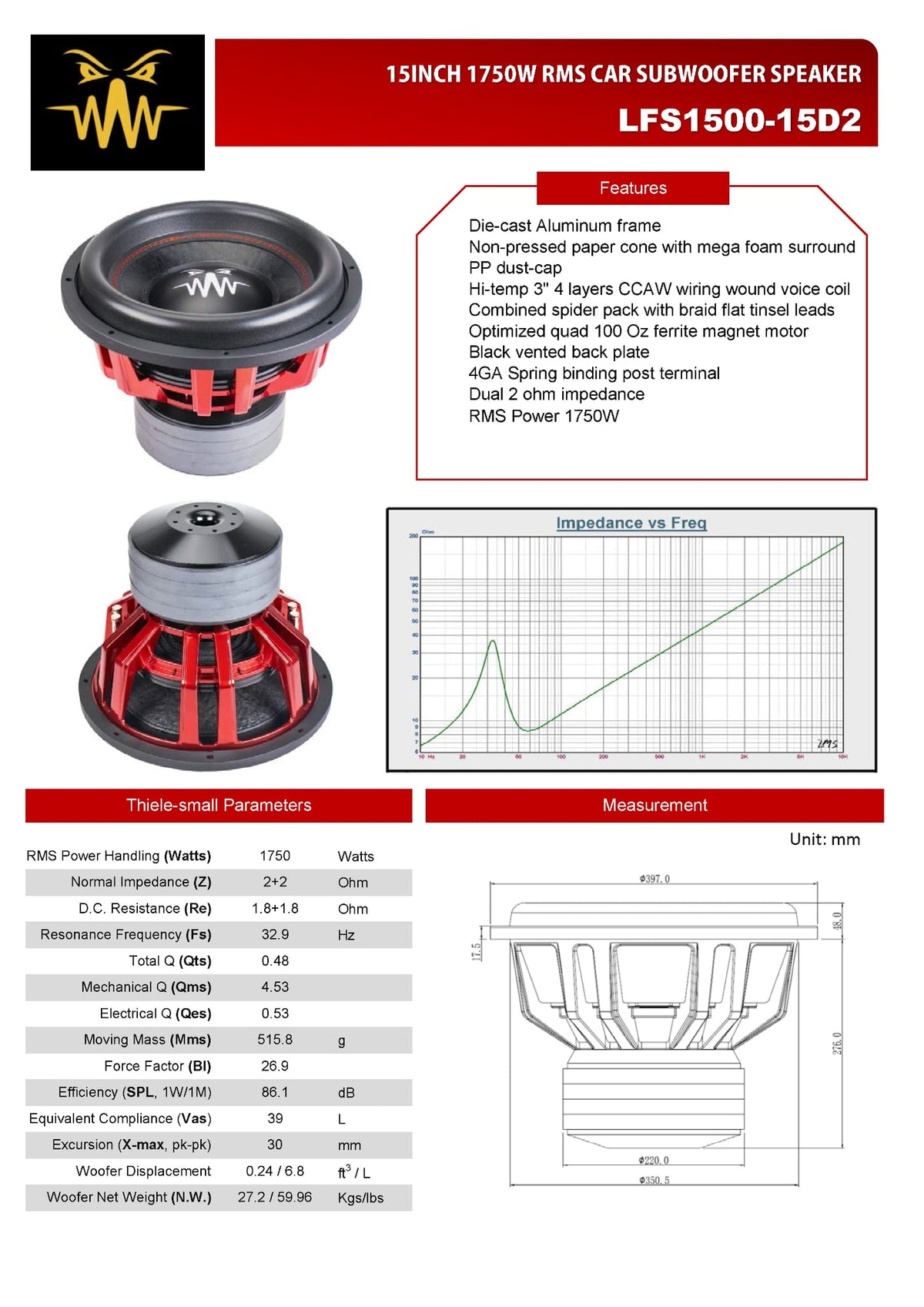 Mobile Audio Network LFS1500-15 15" Subwoofer — 1,750W RMS DVC