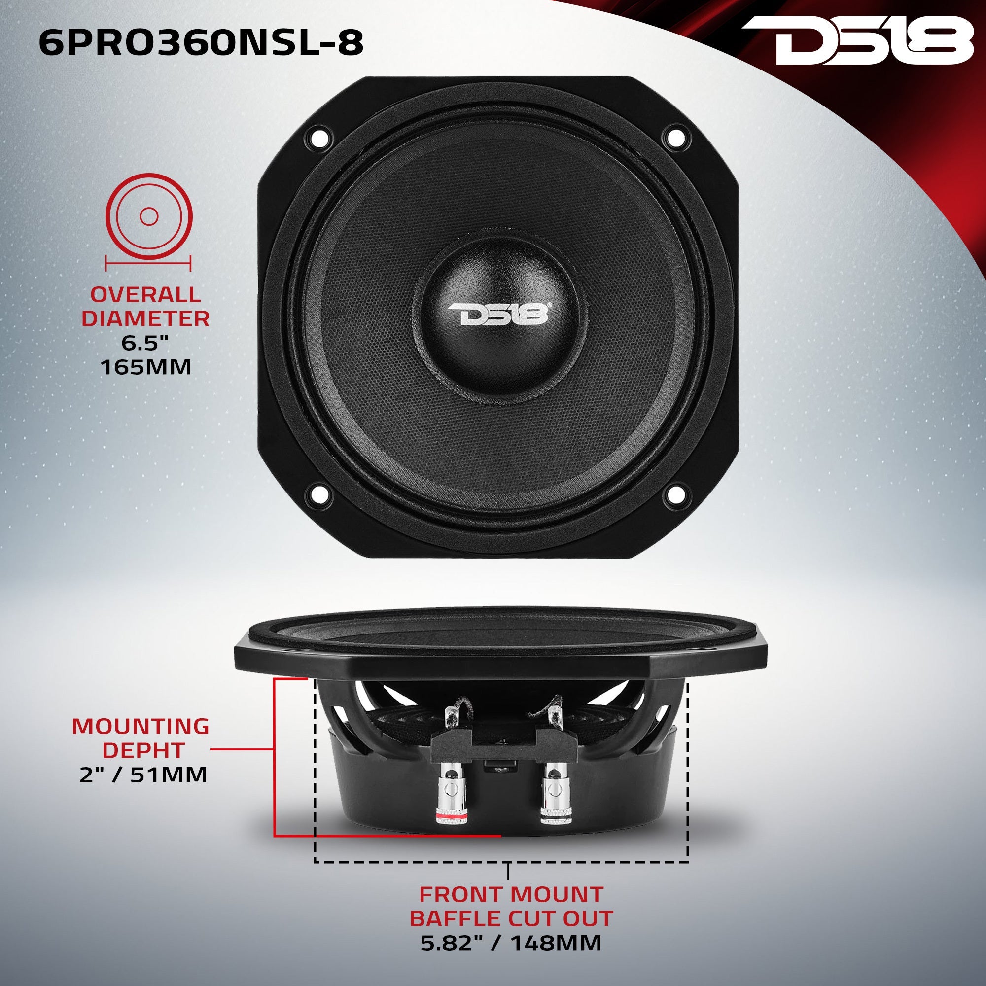 DS18 PRO 6.5” Slim Professional Mid-Range Speaker With Neodymium Magnet 180 Watts Rms 8-Ohm - Recommended for Dome and Diffuser Horn (LA)