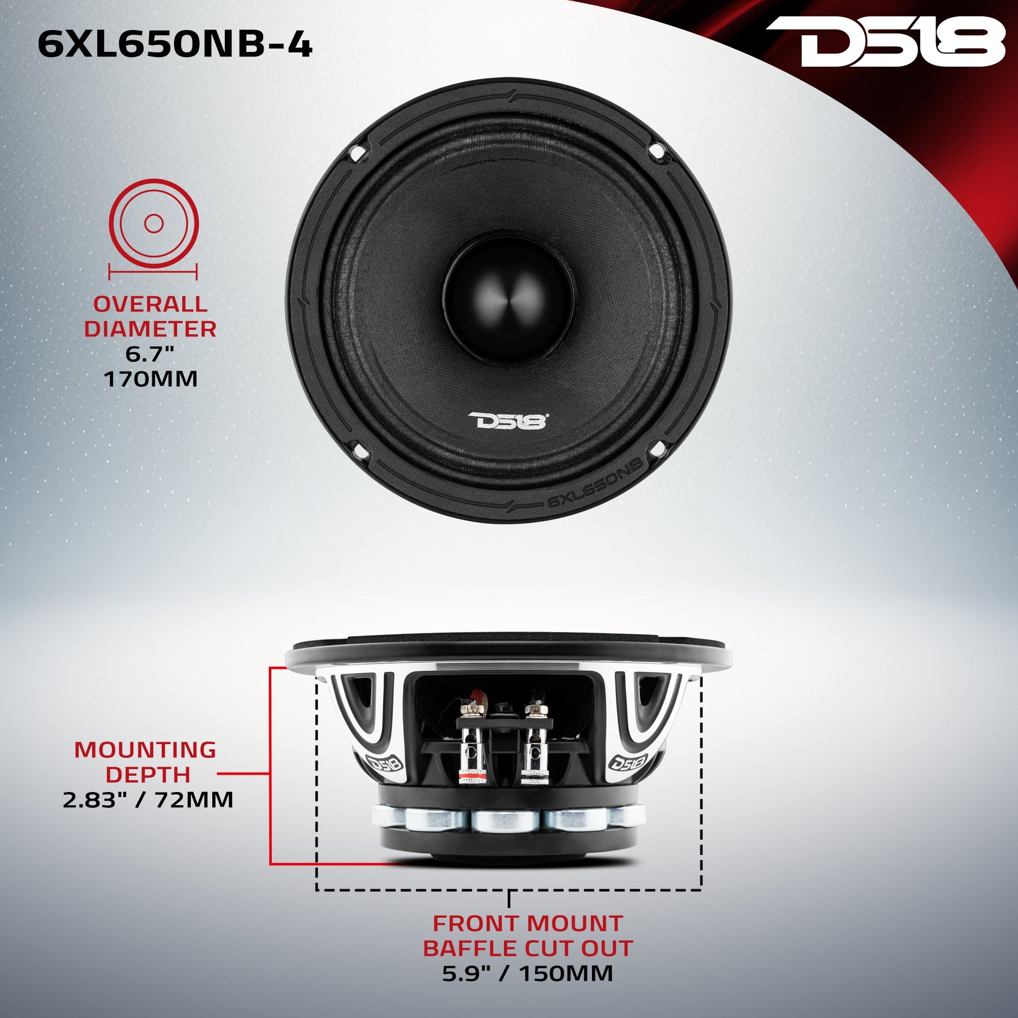 DS18 XL 6.5" Neodymium Mid-Range Loudspeaker With Bullet 325 Watts Rms 4-Ohm