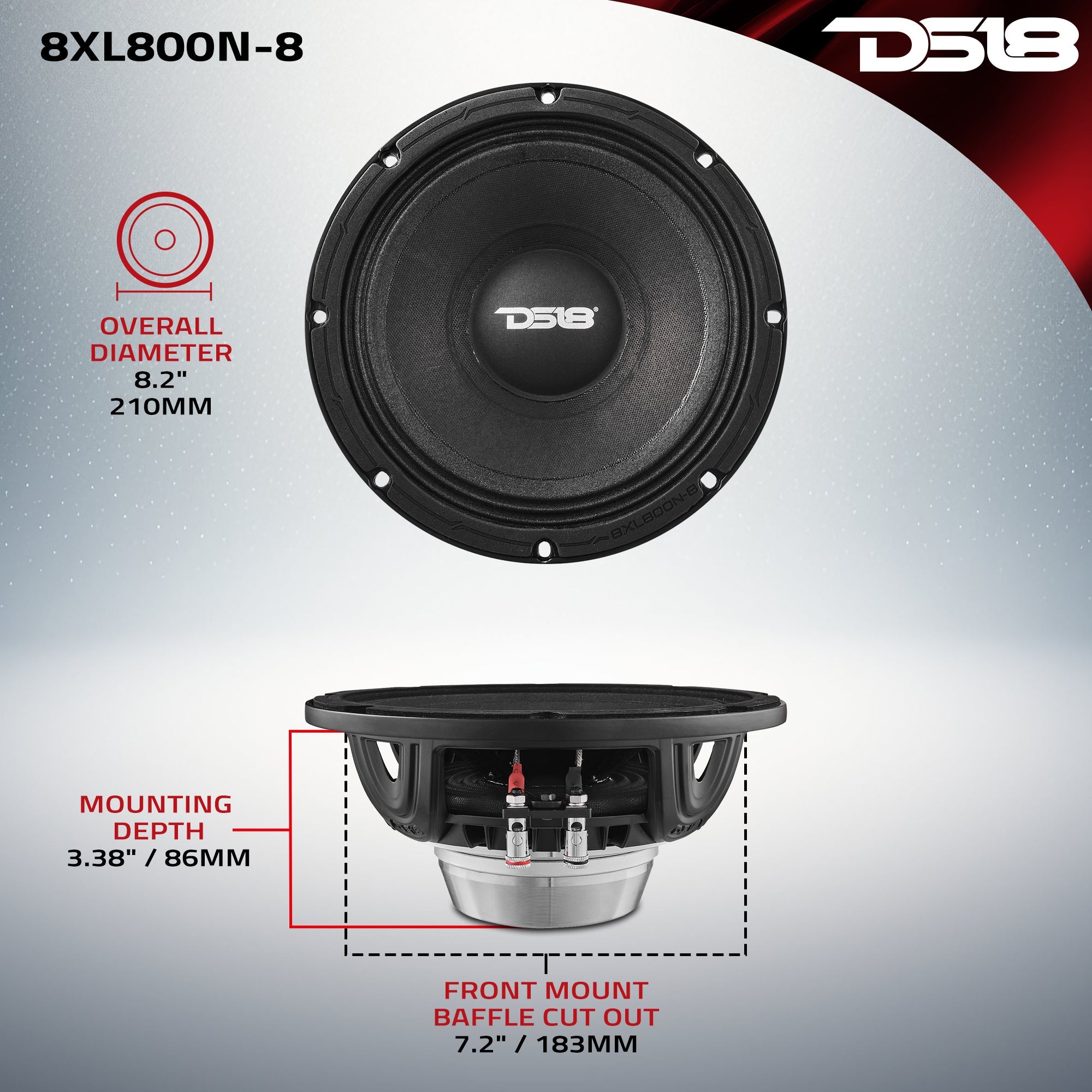 DS18 XL 8" Mid-Range Loudspeaker 8-Ohm with Neodymium Magnet 400 Watts RMS