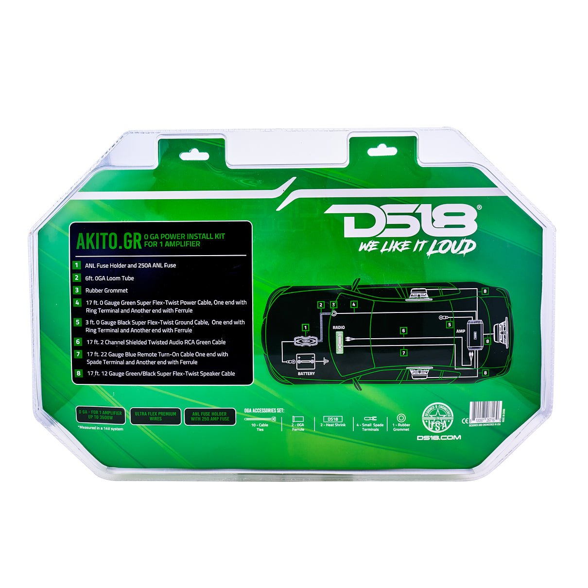 DS18 0-GA Amplifier Installation Wiring Kit - Green
