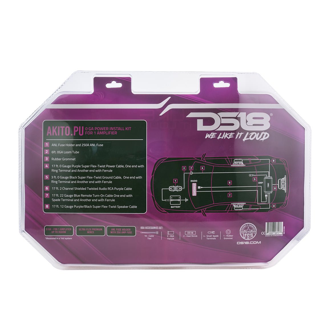 DS18 0-GA Amplifier Installation Wiring Kit - Purple