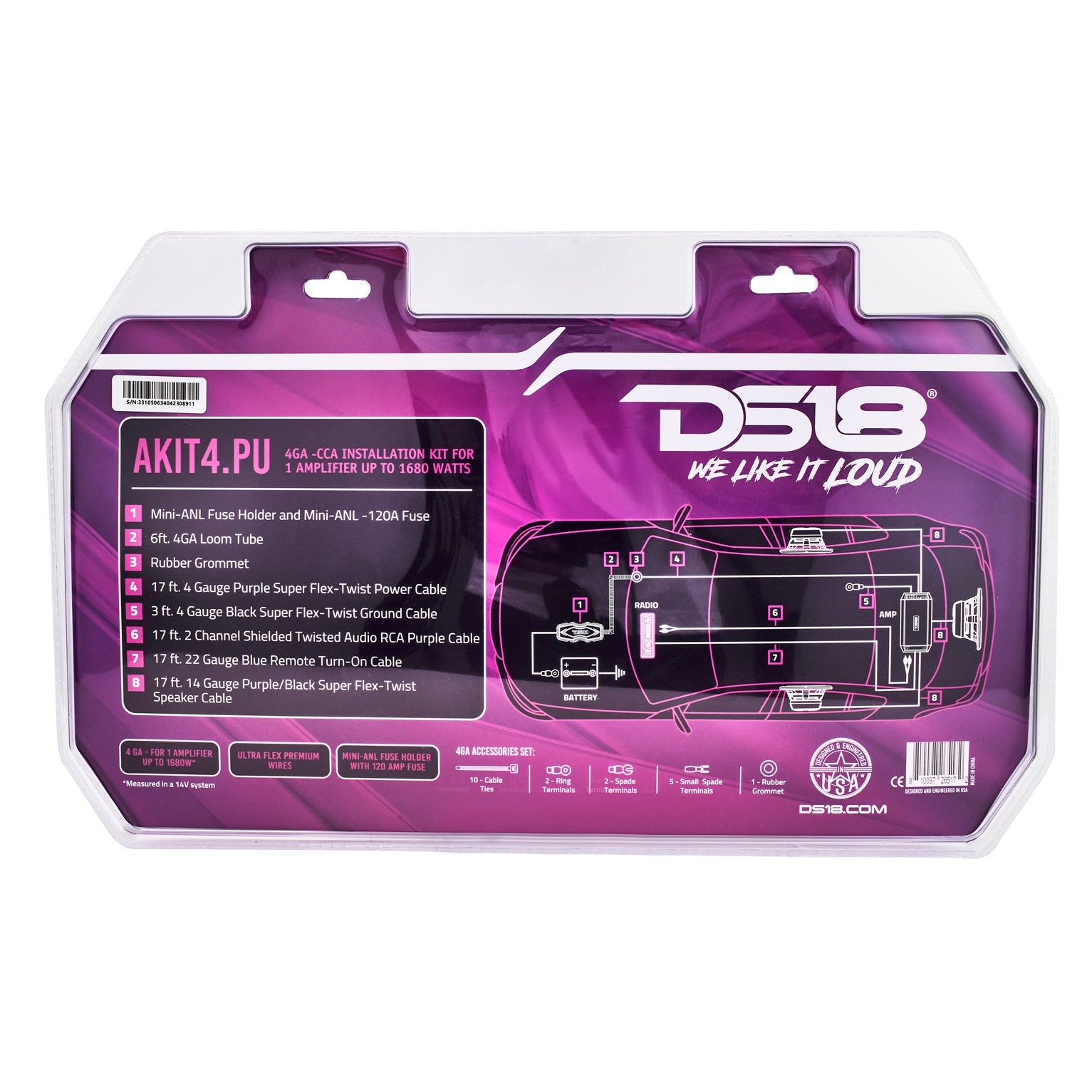 DS18 4-GA Amplifier Installation Wiring Kit - Purple