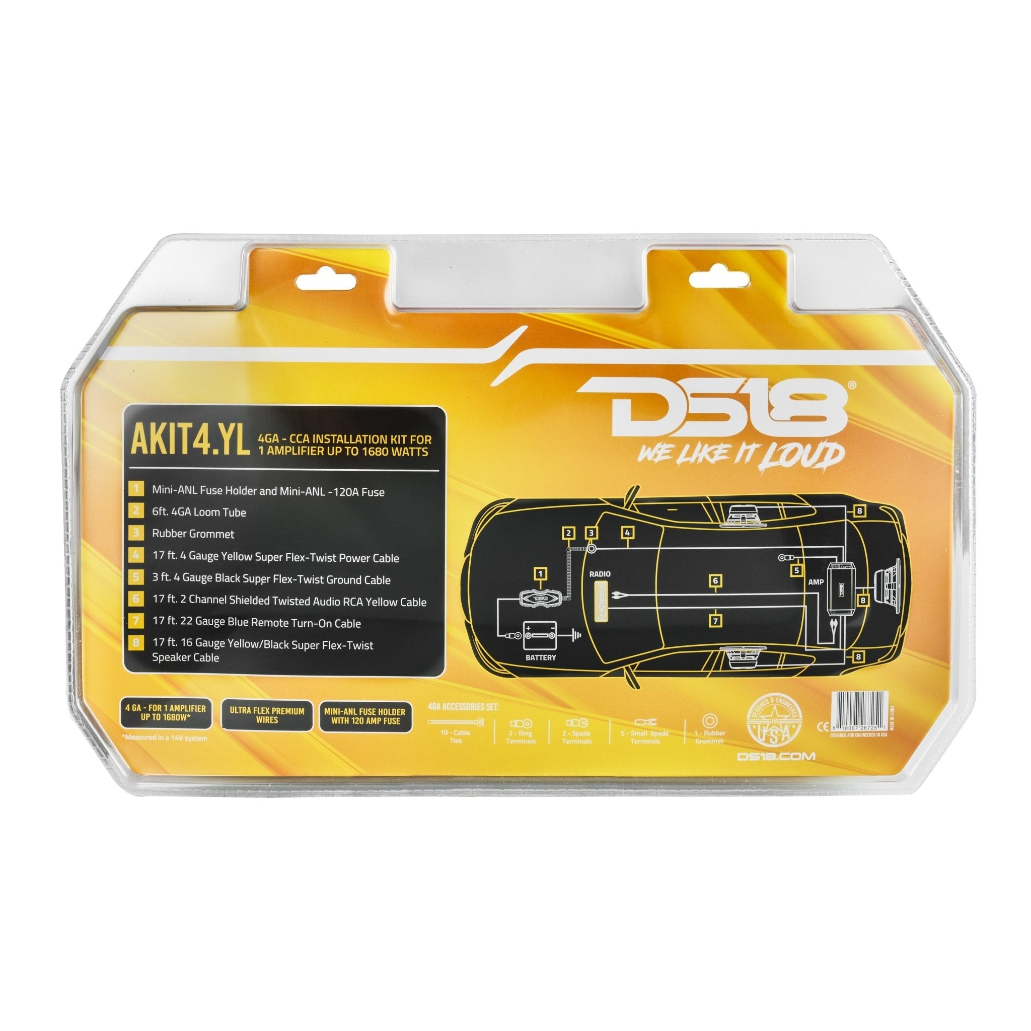 DS18 4-GA Amplifier Installation Wiring Kit - Yellow