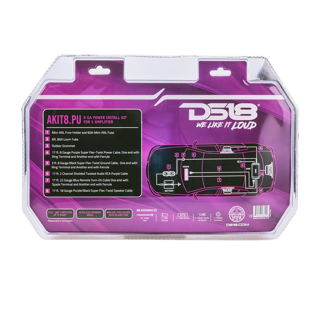 DS18 8-GA Amplifier Installation Wiring Kit - Purple