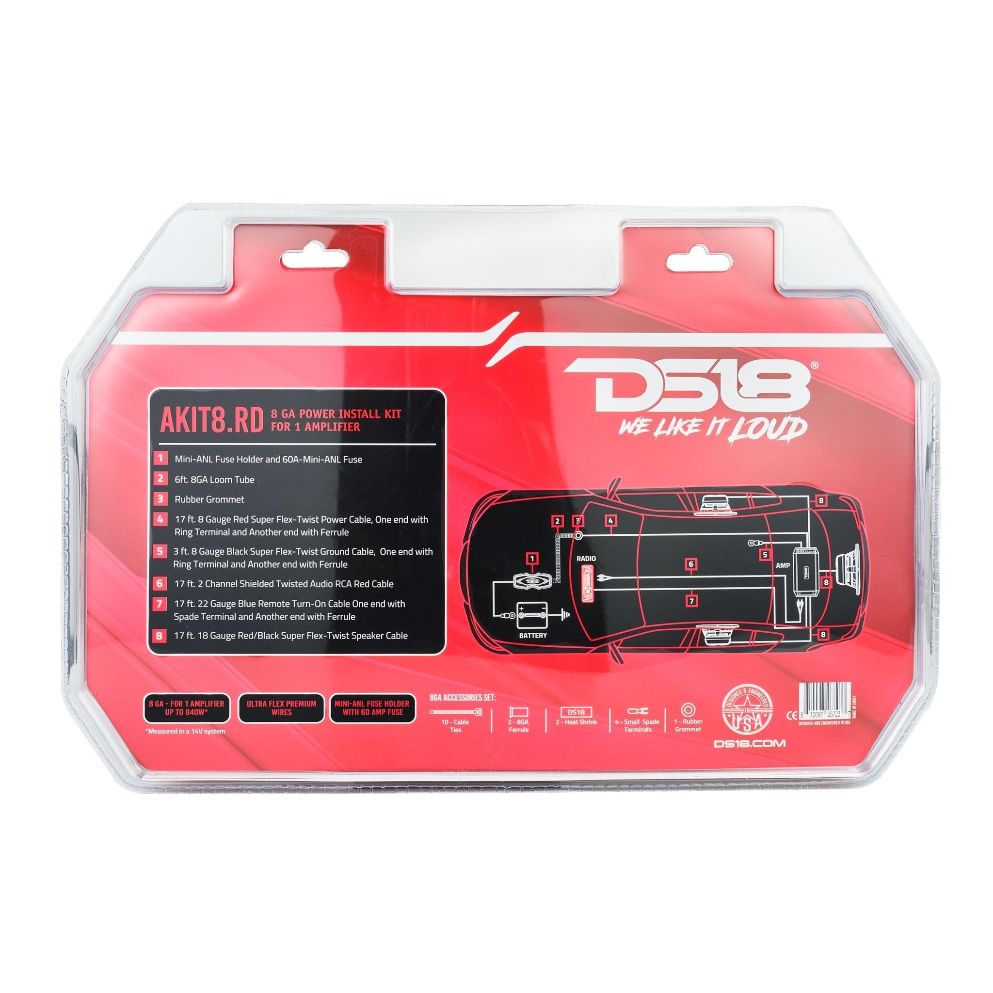 DS18 8-GA Amplifier Installation Wiring Kit - Red