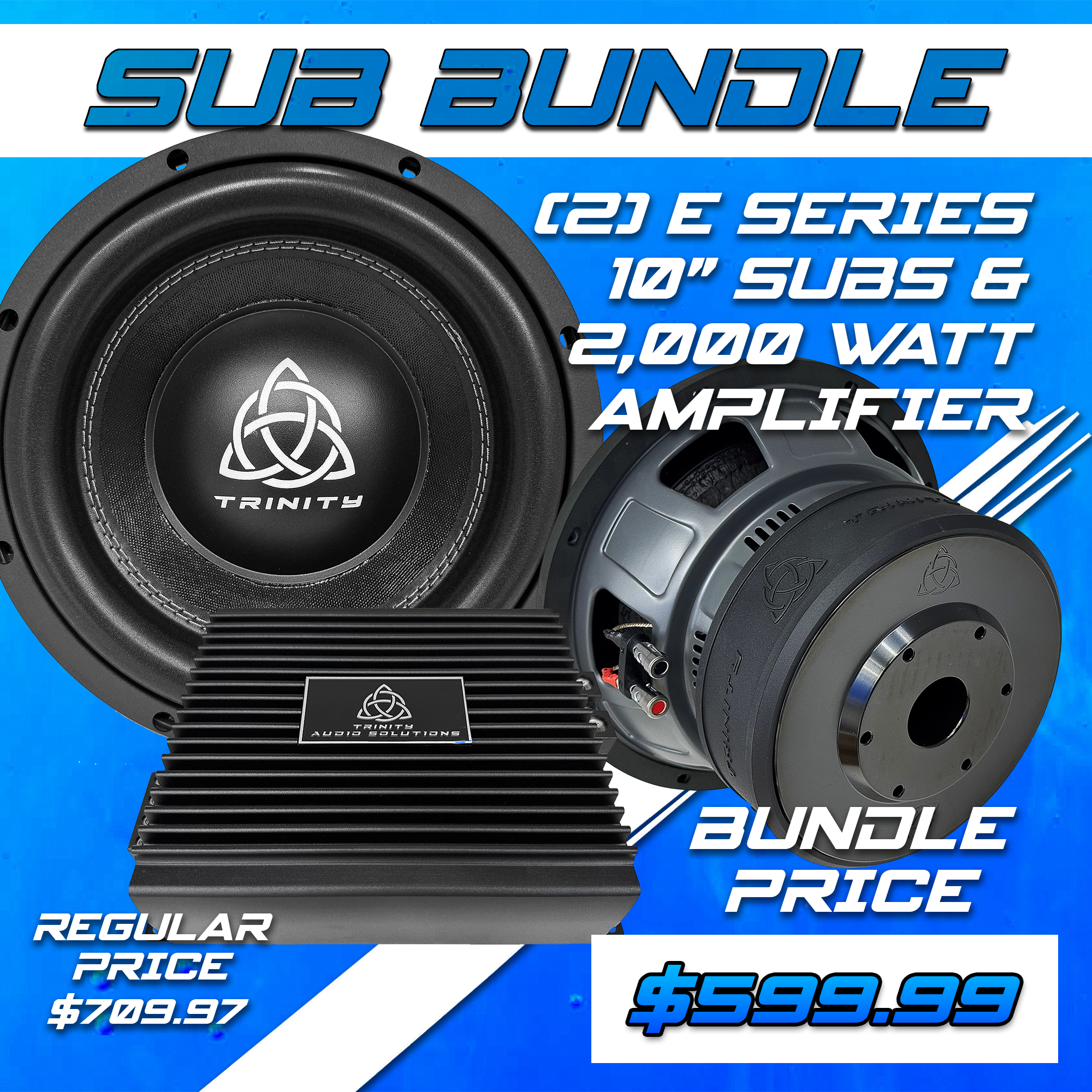 Trinity Audio Solutions Dual E Series 10" Subwoofers & 2000.1v2 Monoblock Amplifier Package — 2,000W