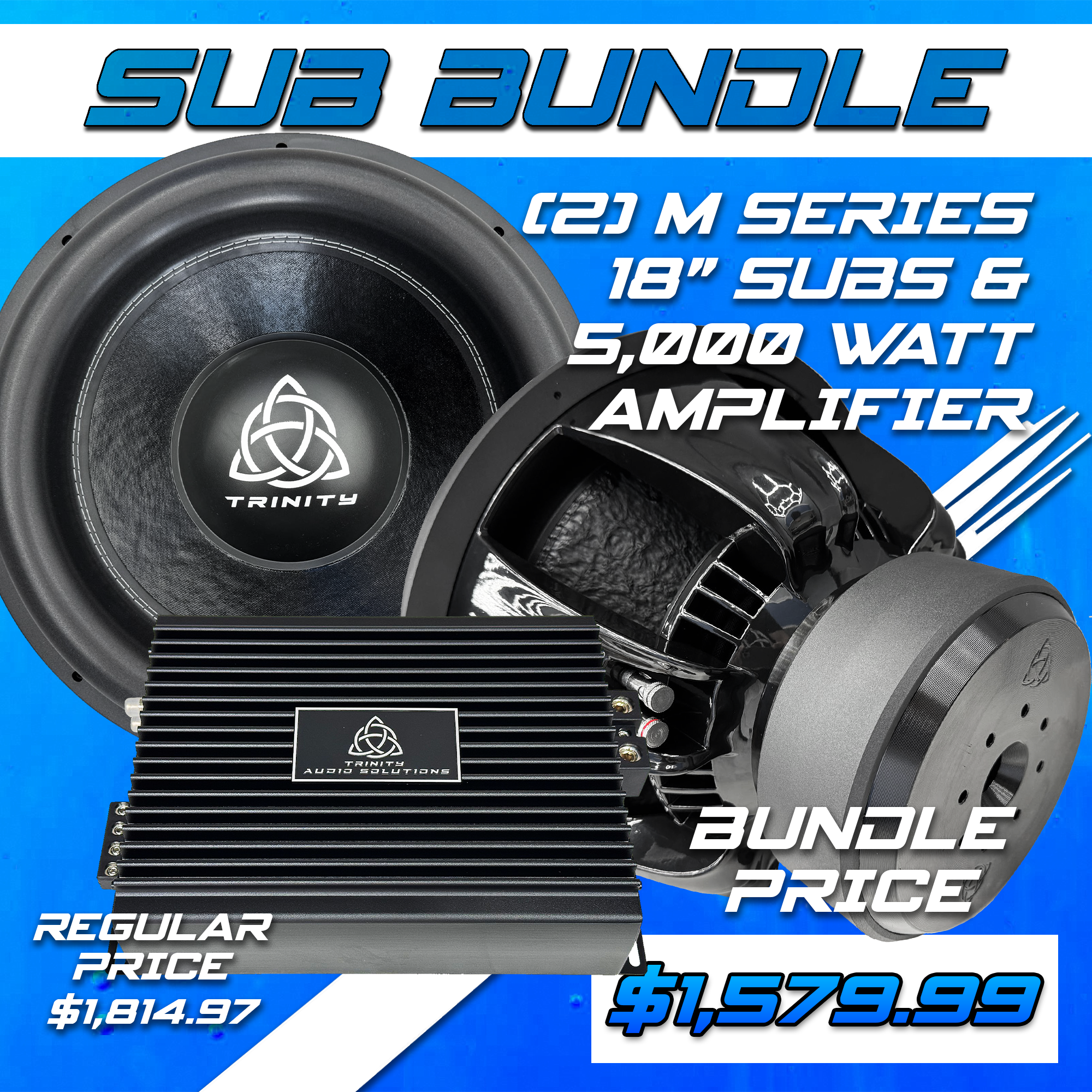 Trinity Audio Solutions Dual M Series 18" Subwoofers & 5000.1v2 5,000W Monoblock Amplifier