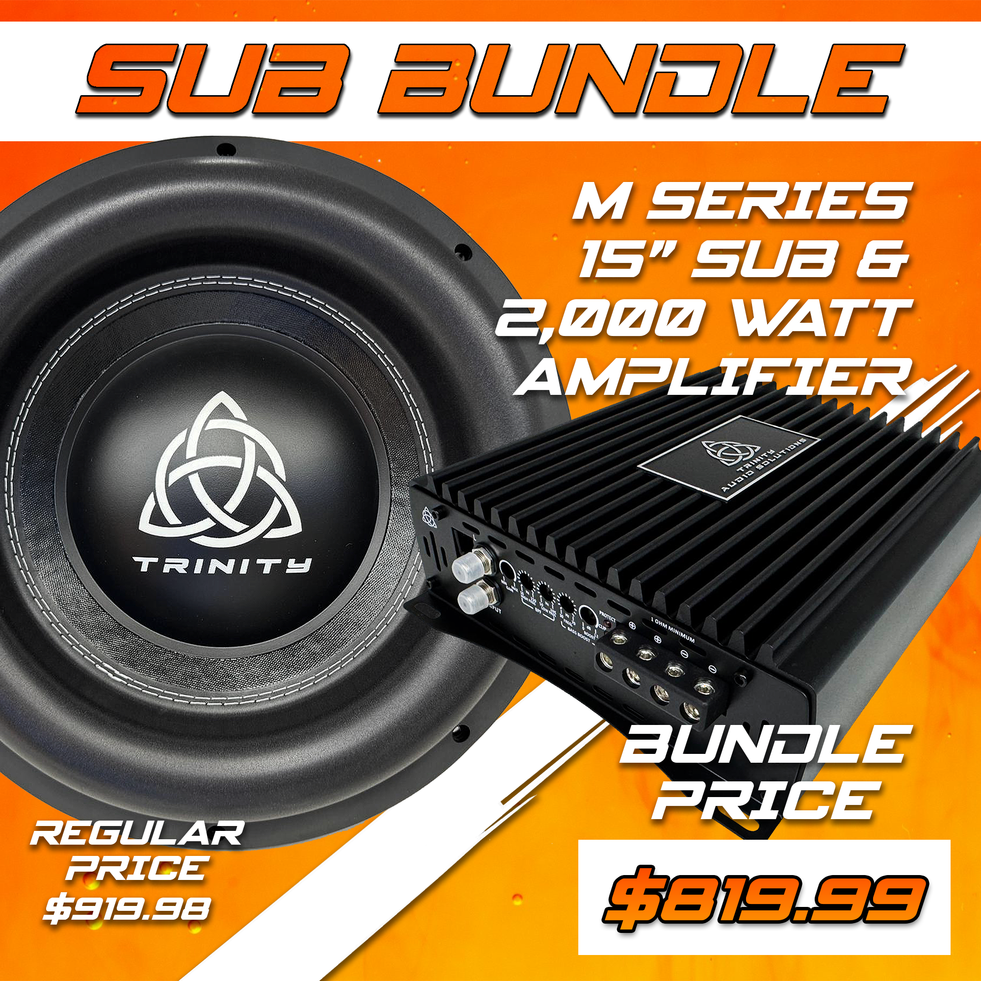 Trinity Audio Solutions M Series 15" Subwoofer + 2000.1v2 Monoblock Amp Bundle — 2,000W RMS
