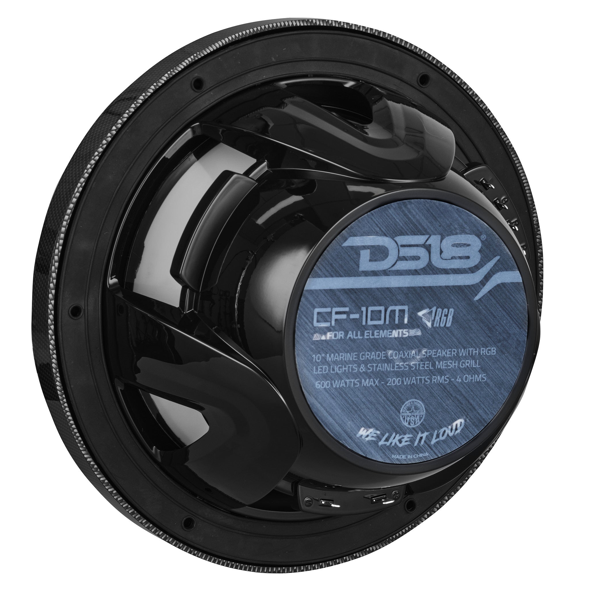 DS18 NXL 10" 2-Way Coaxial Marine Speaker With LED RGB Lights 200 Watts Rms 4-Ohm -Black Carbon Fiber